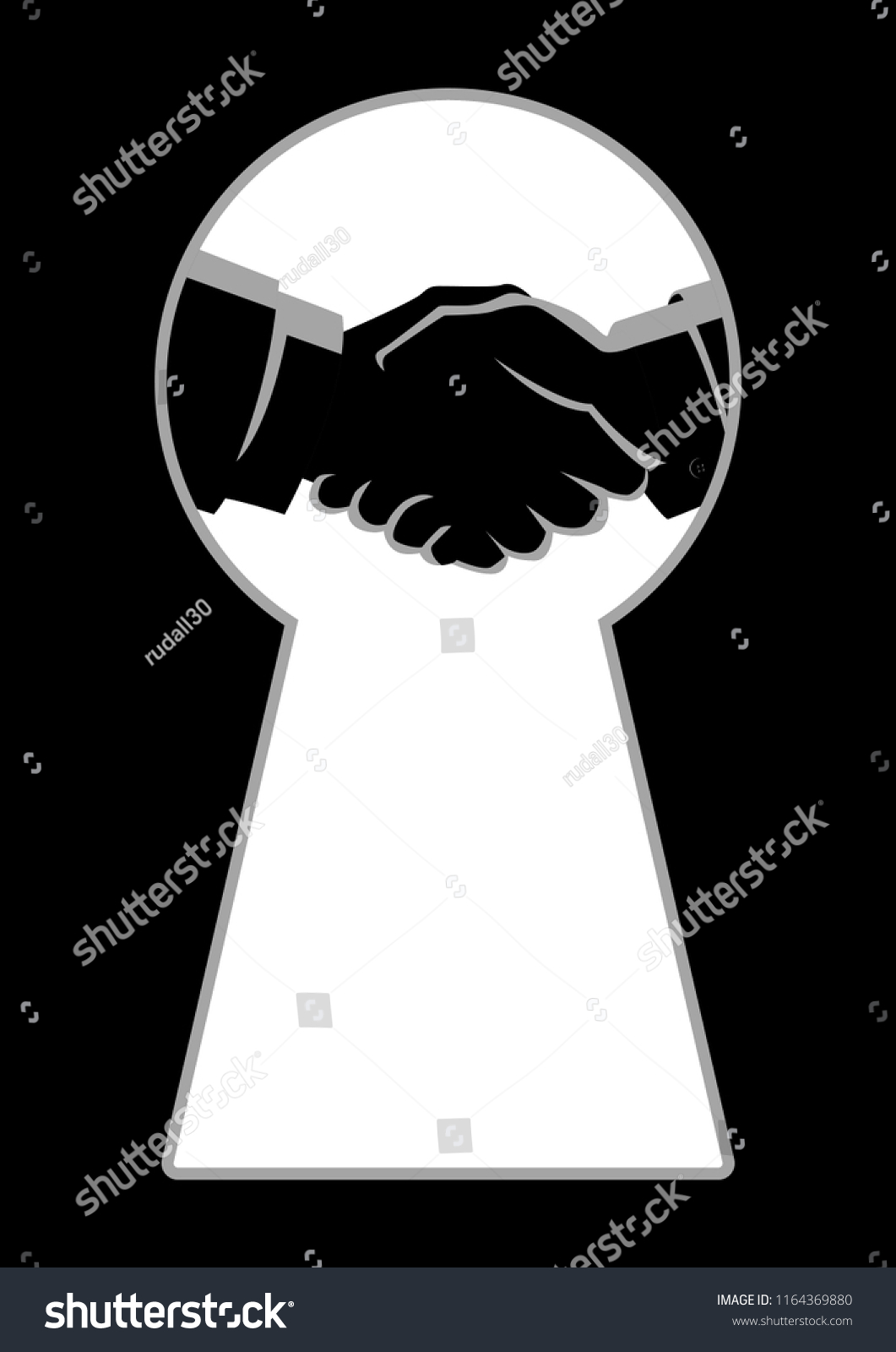 SVG of Business concept illustration of two businessmen shaking hands seen through a keyhole, business idiom for backroom deal svg