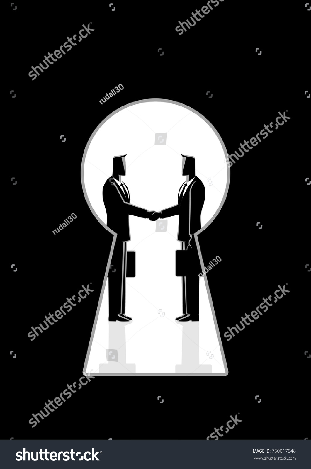 SVG of Business concept vector illustration of two businessmen shaking hands seen through a keyhole, business idiom for backroom deal svg