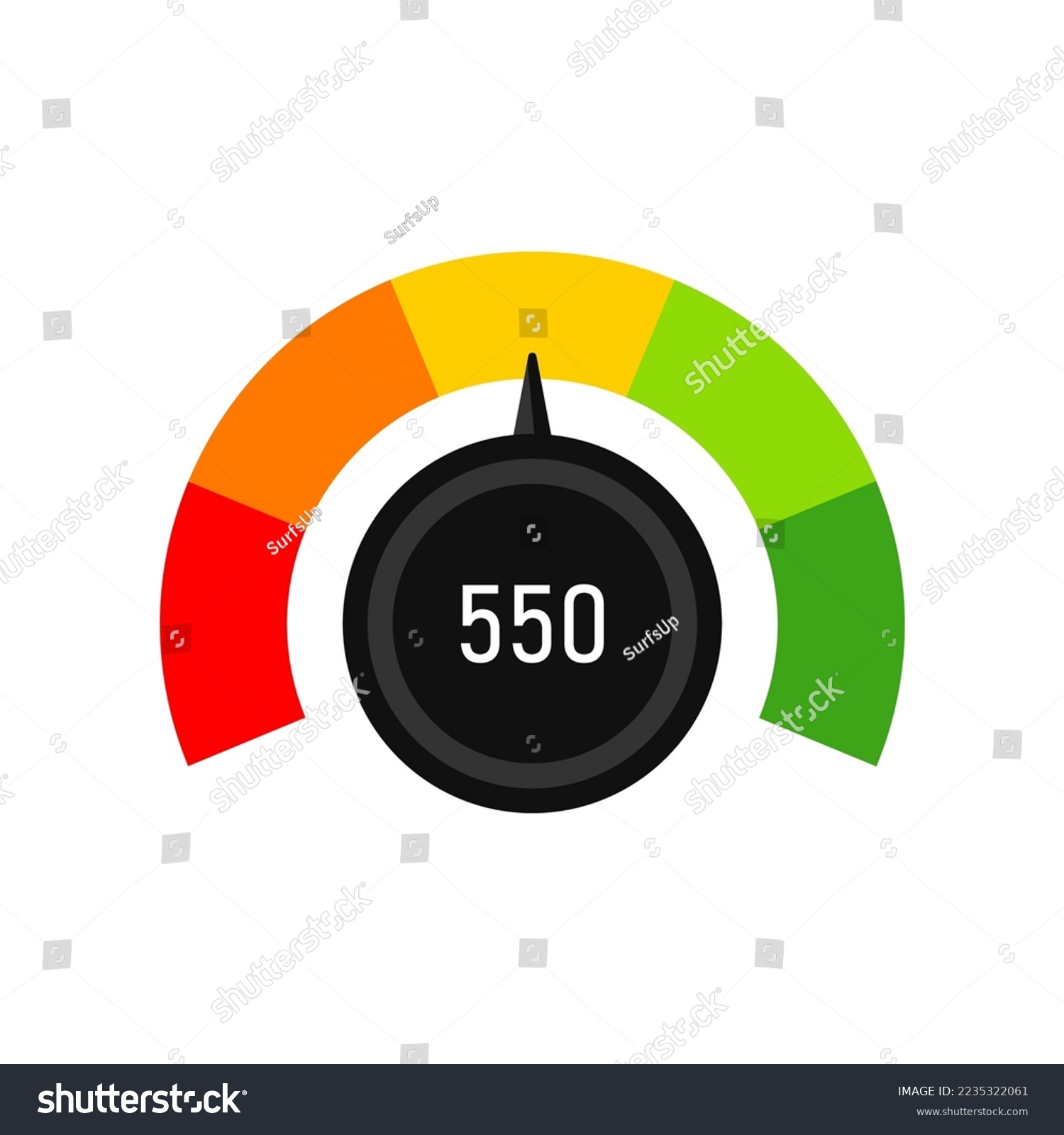 SVG of Business credit speedometer with middle score illustration. Indicator with color blocks from red to green, customers satisfaction with service. Evaluation, gauge rating meter concept svg