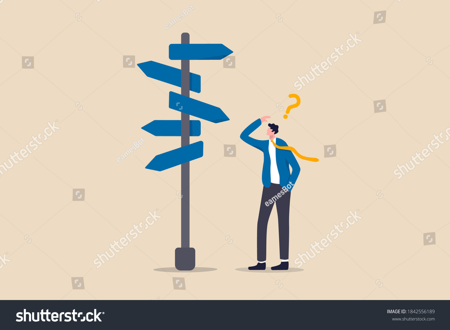 SVG of Business decision making, career path, work direction or choose the right way to success concept, confusing businessman looking at multiple road sign with question mark and thinking which way to go. svg