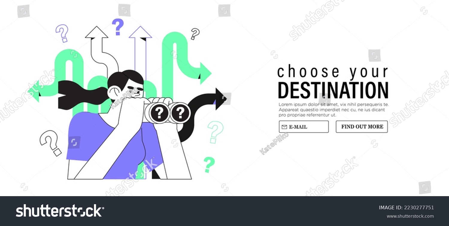SVG of Business decision making, career path, work direction or choose the right way to success concept. Woman or student look in binocular at crossroad signs with question mark and search right way to go. svg