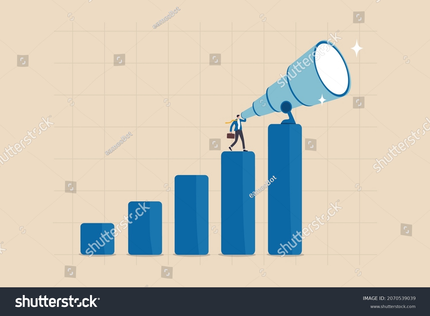 SVG of Business forecast, visionary to discover opportunity, searching for future advantage trend, stock market investment or economic data, smart businessman look through big telescope on growing graph. svg