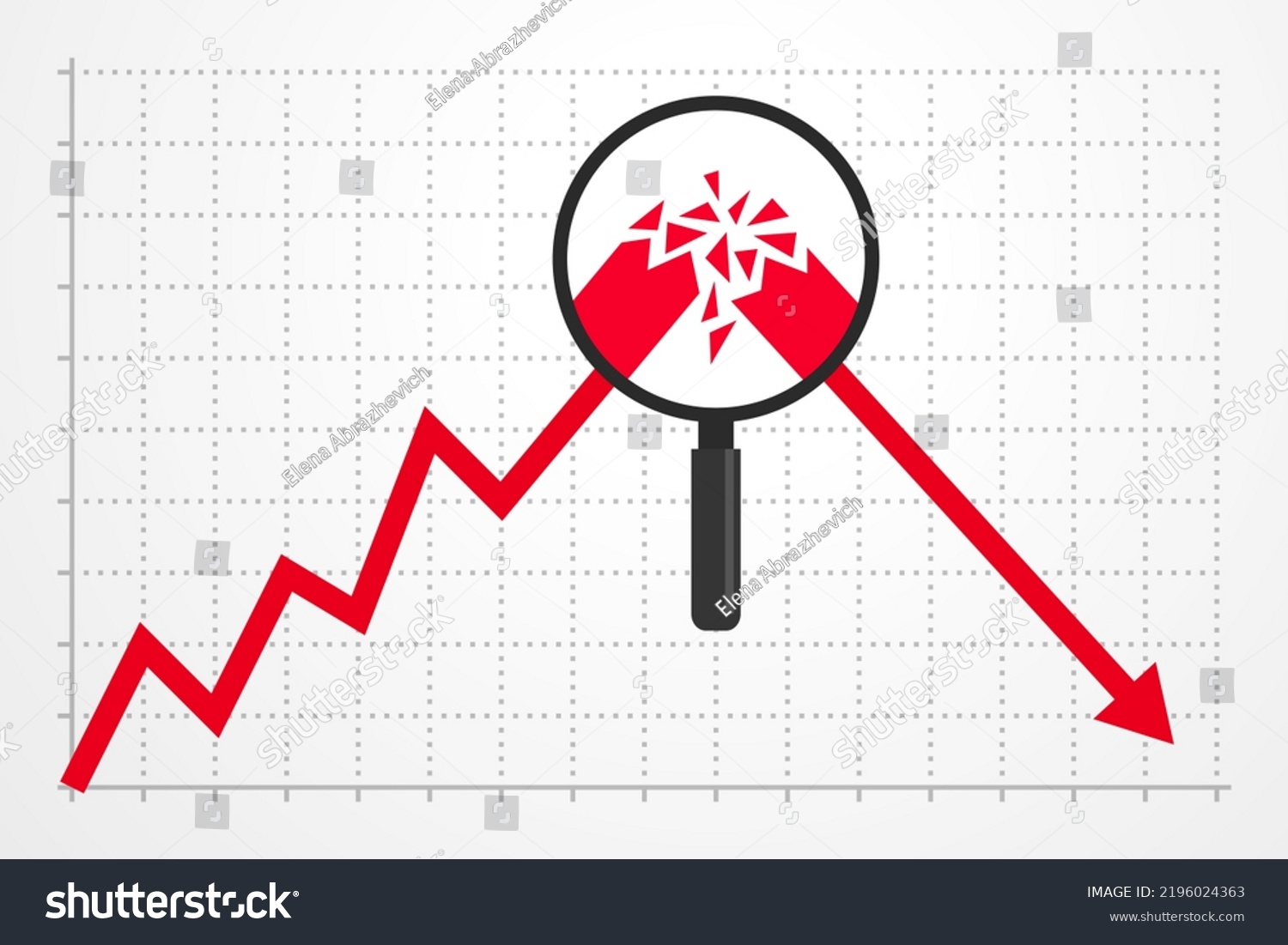 SVG of Business graph with broken arrow and magnifier placed in breaking point from increasing to decreasing process. Economic growth and decline, financial issues, progress and regress, business analytics svg
