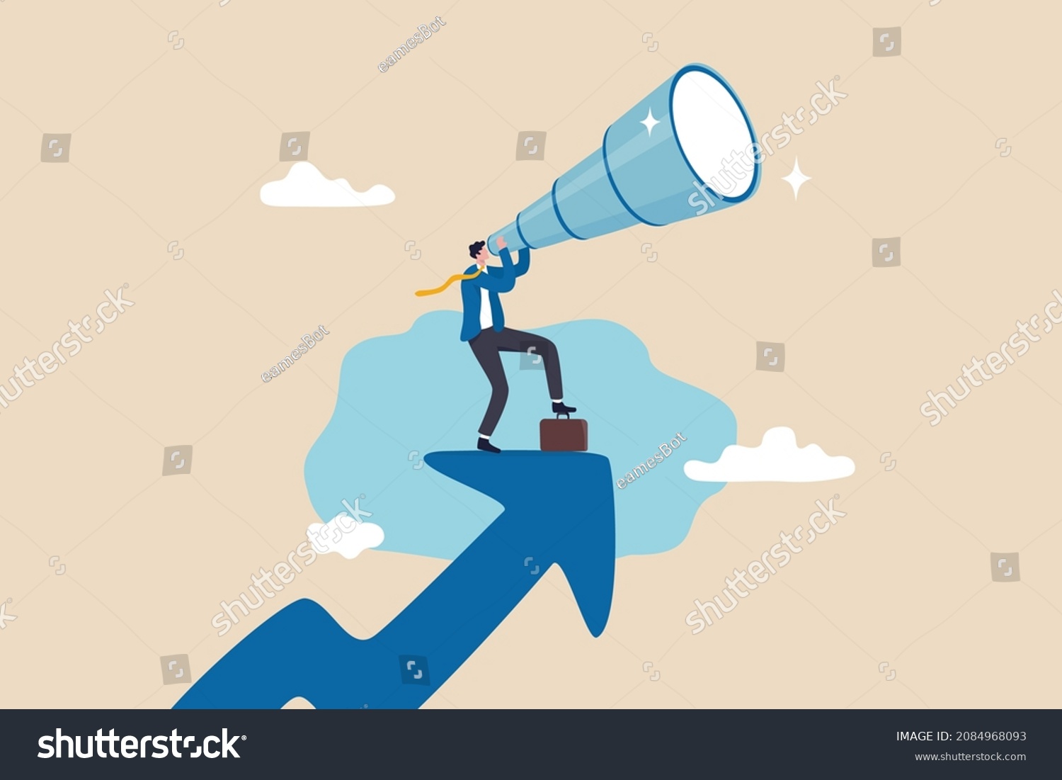 SVG of Business opportunity or investment and market prediction, future growth or career development vision, profit and earning forecast concept, businessman climb up rising arrow with big telescope spyglass svg