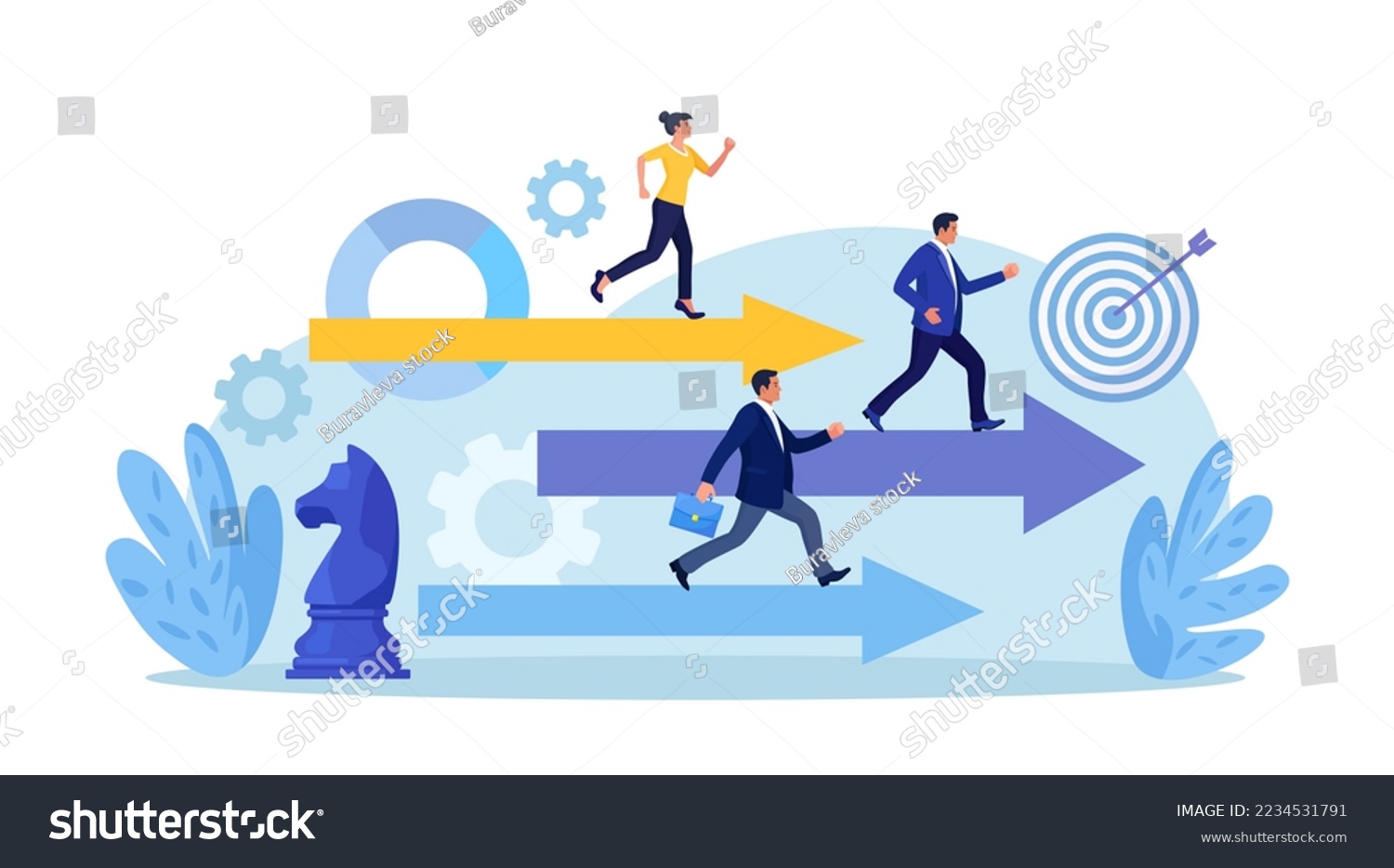 SVG of Business people compete running on arrows. Business competition. Contest or rivalry against competitors to increase sales. Career success or achievement. Skill or effort to succeed in work, motivation svg