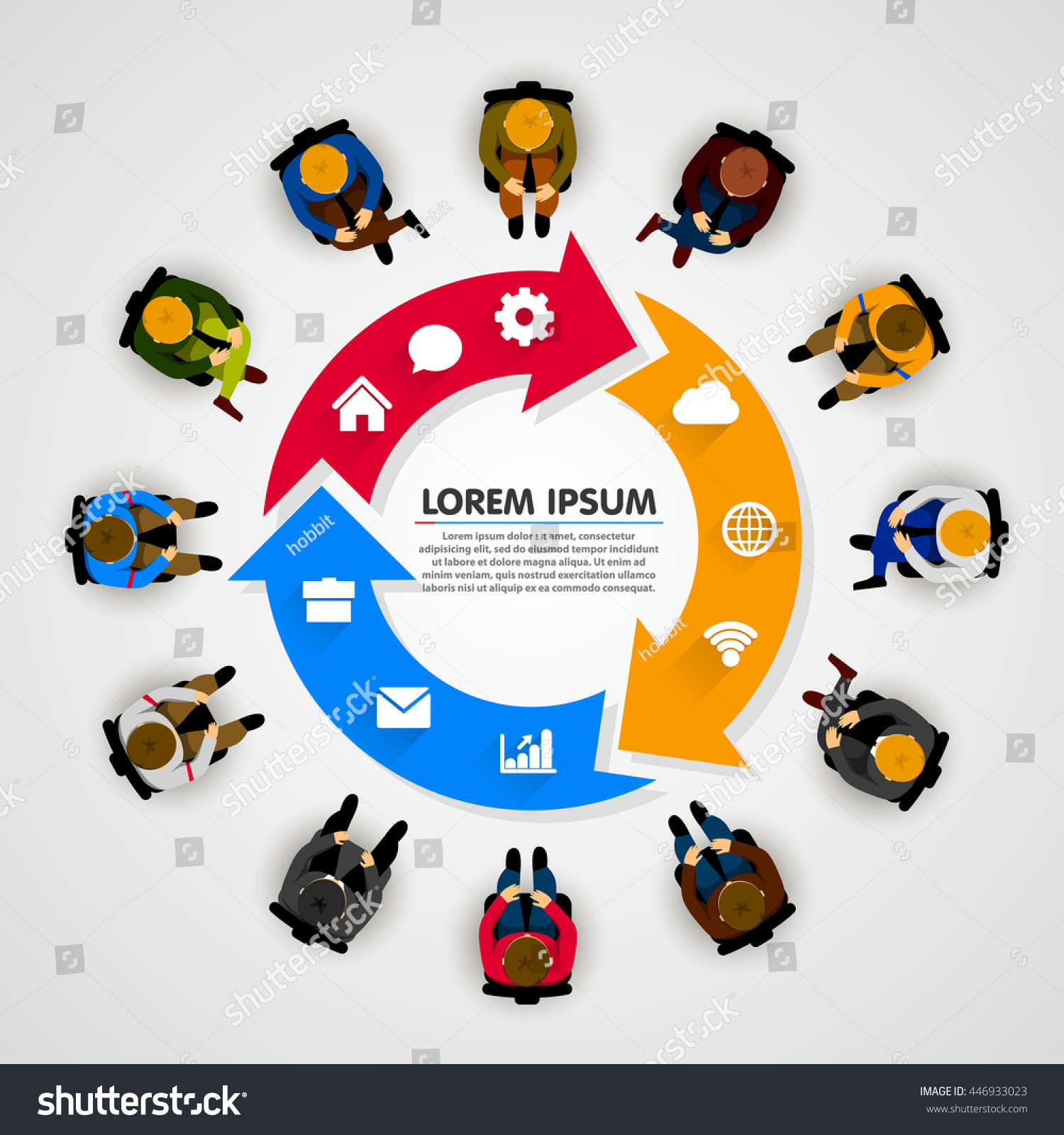 SVG of Business people sitting around a circular arrow. Business info graphics. Vector illustration svg