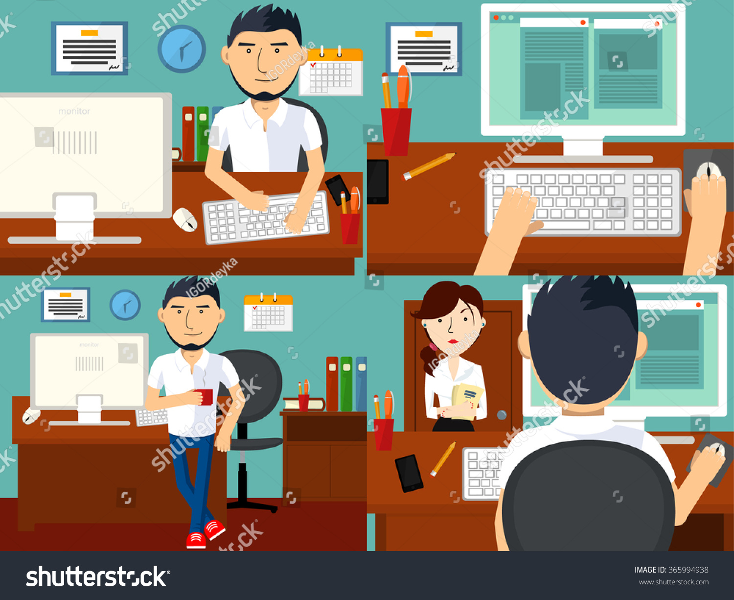 Business People Working On An Office Desk. Vector Illustration ...