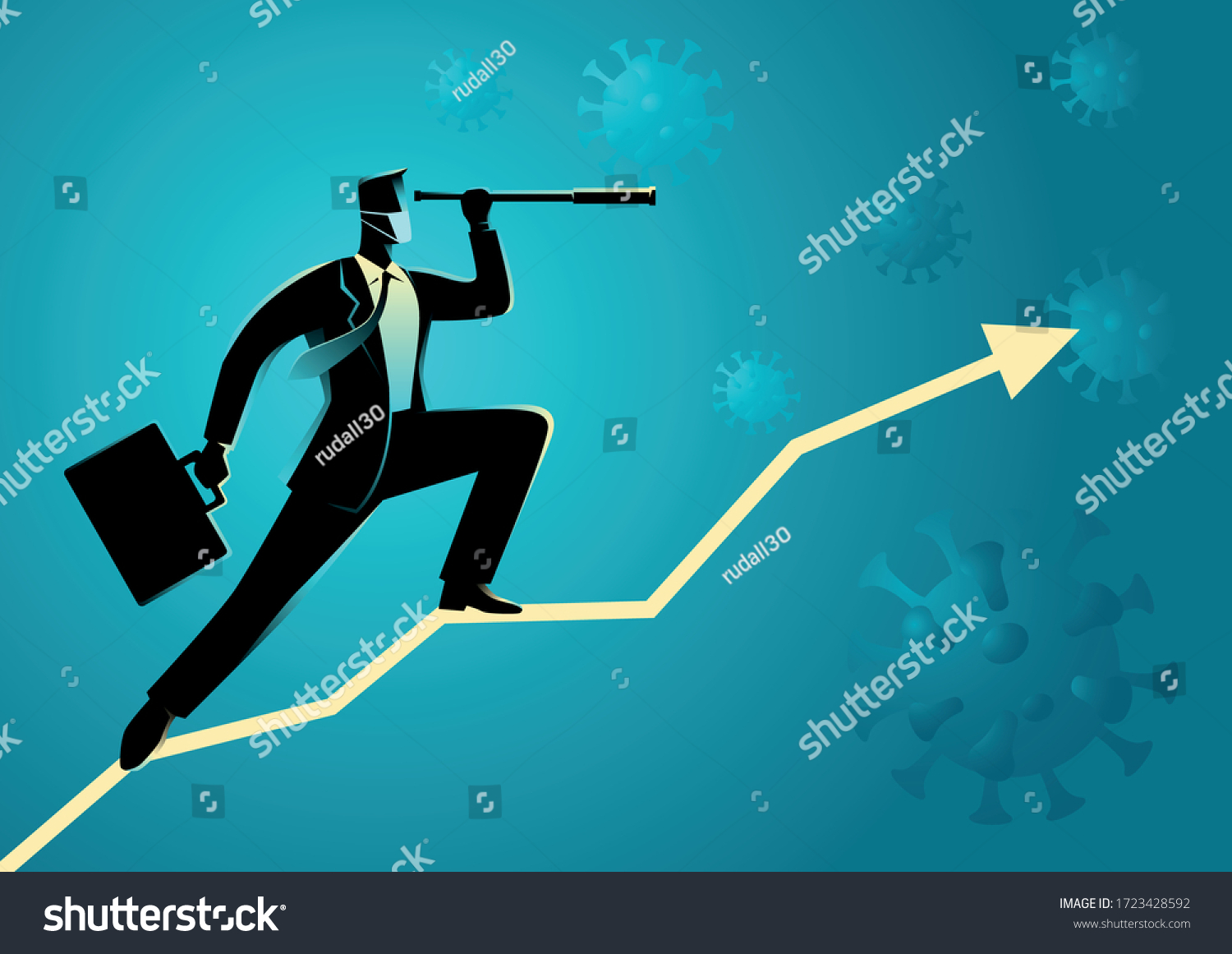 SVG of Business vector illustration of a businessman using telescope on graphic chart with covid-19 on the background. Covid-19 impacts to business svg