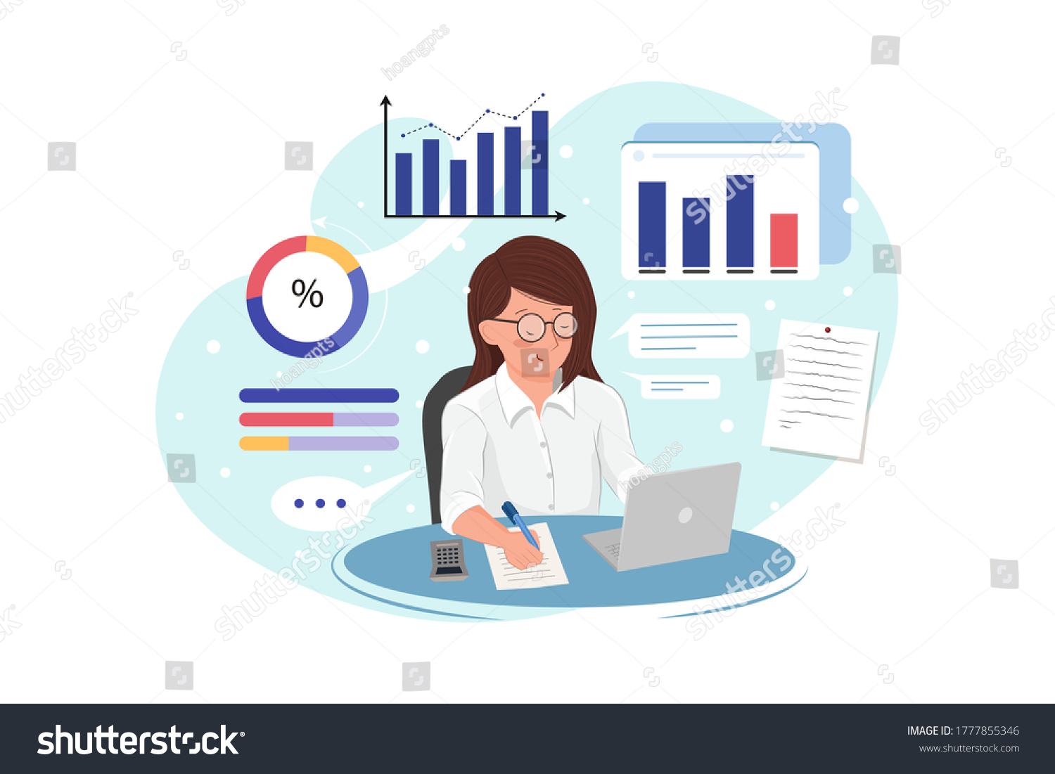 SVG of Business woman analyzes data and makes accounting report. Vector Illustration concept.  svg