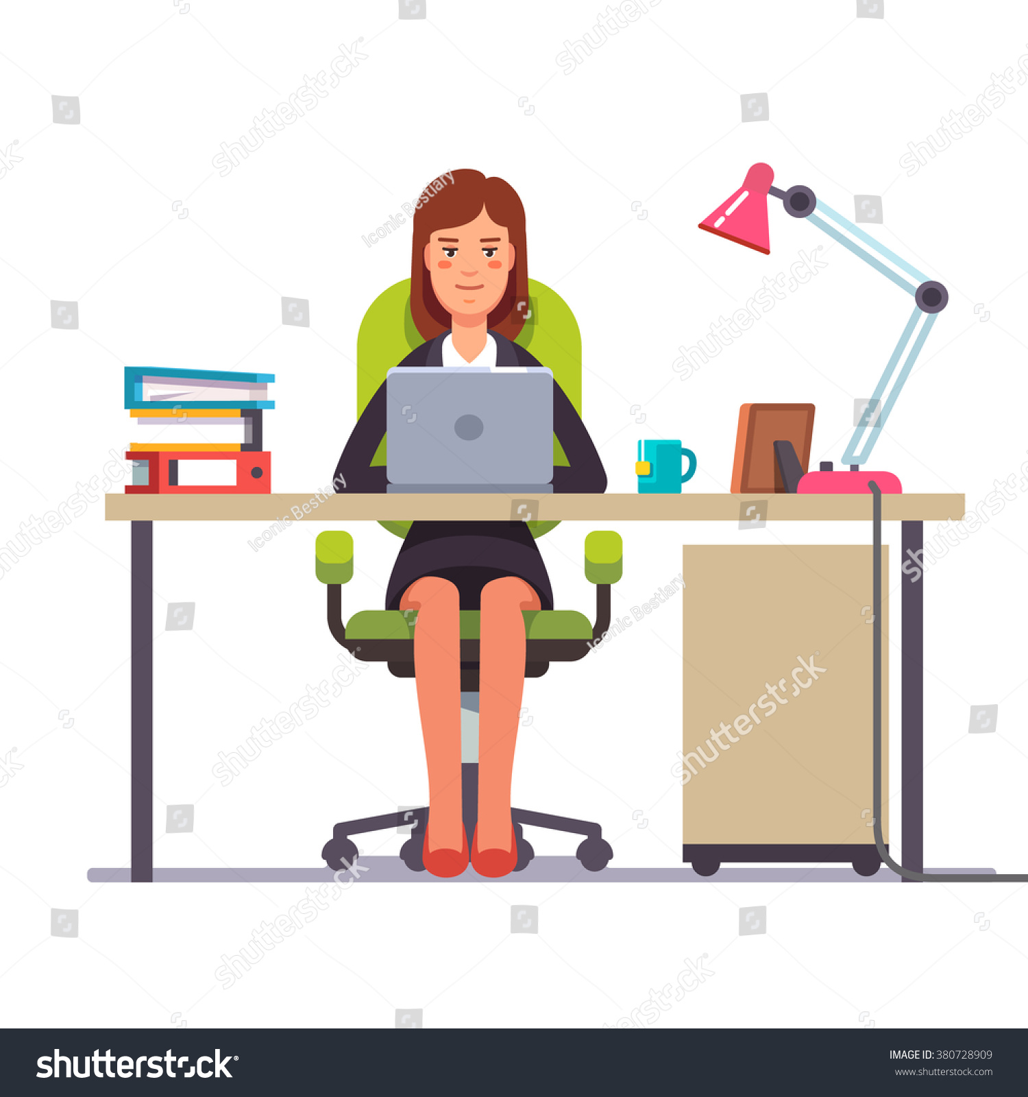 stock vector business woman or a clerk working at her office desk flat style modern vector illustration 380728909