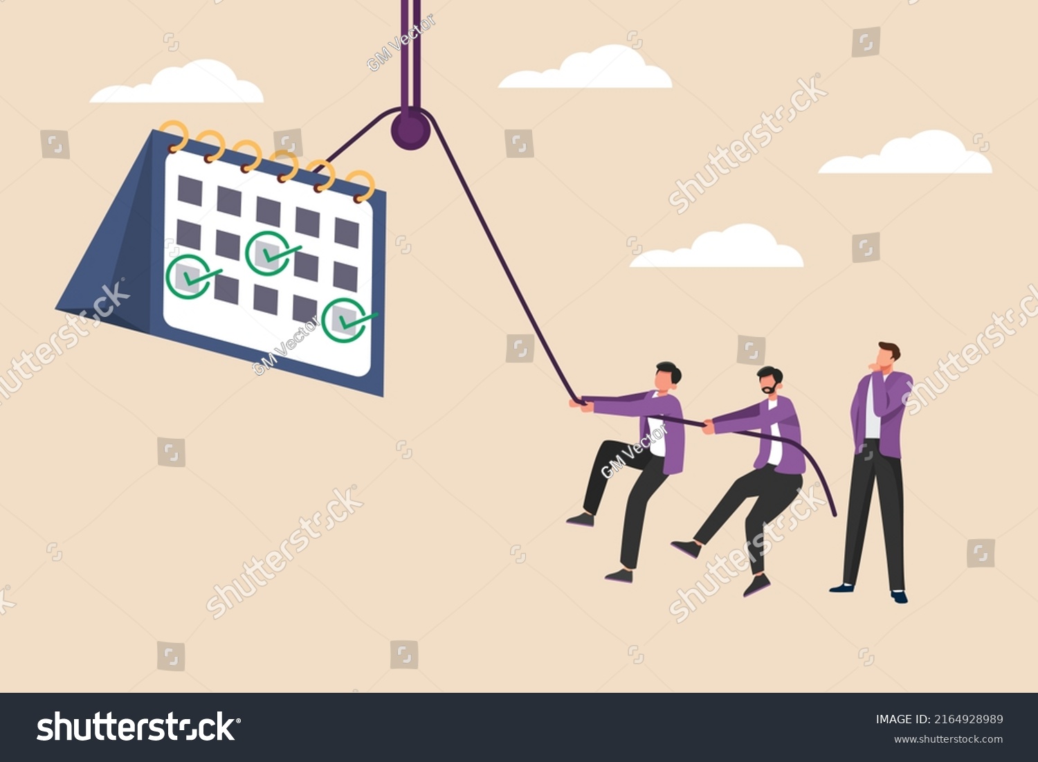 Businessman Team Pull Calendar Schedule Pulley Stock Vector (Royalty