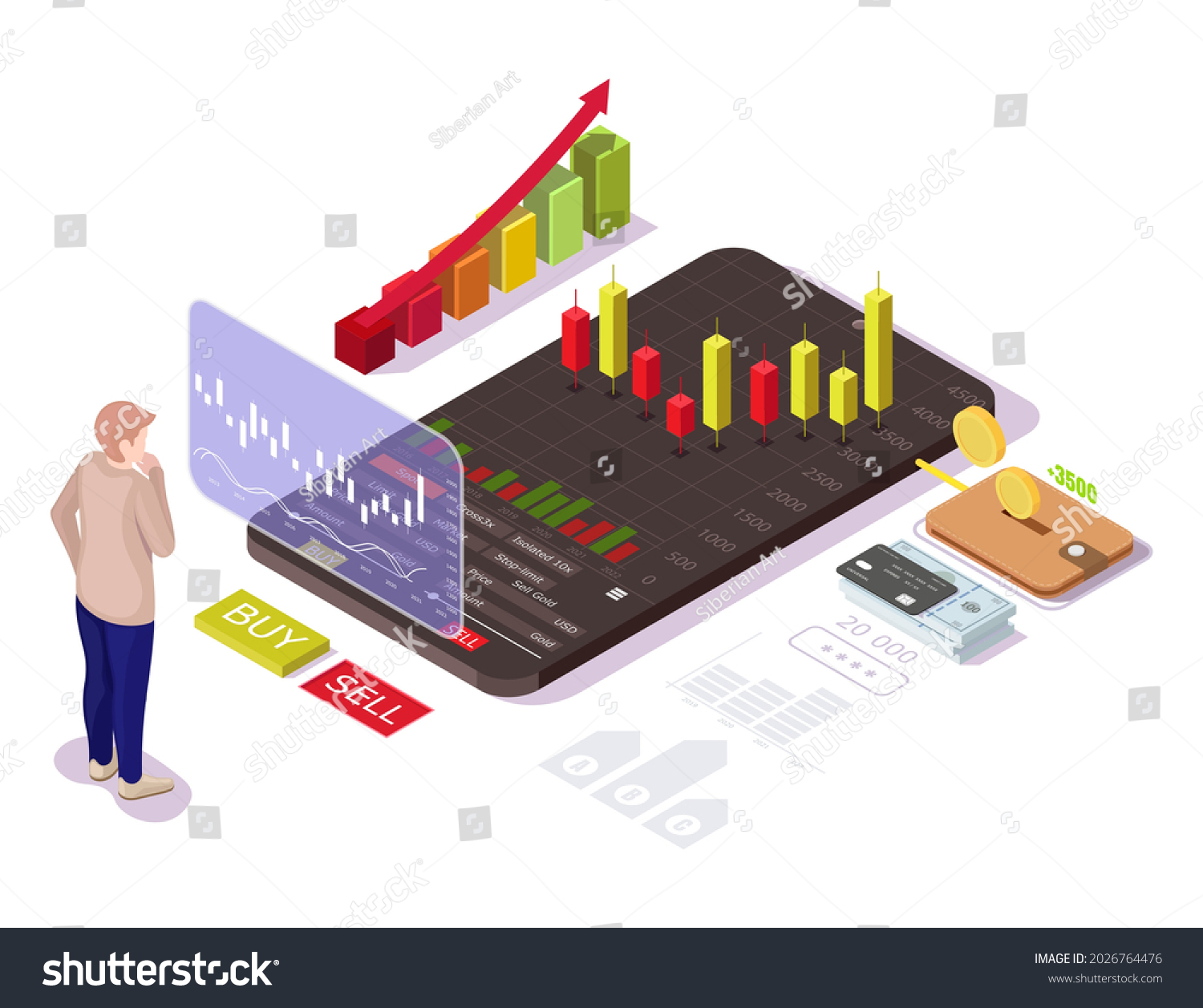 SVG of Businessman buying or selling shares, investing in stock market from mobile phone, flat vector isometric illustration. Mobile stock trading concept. svg