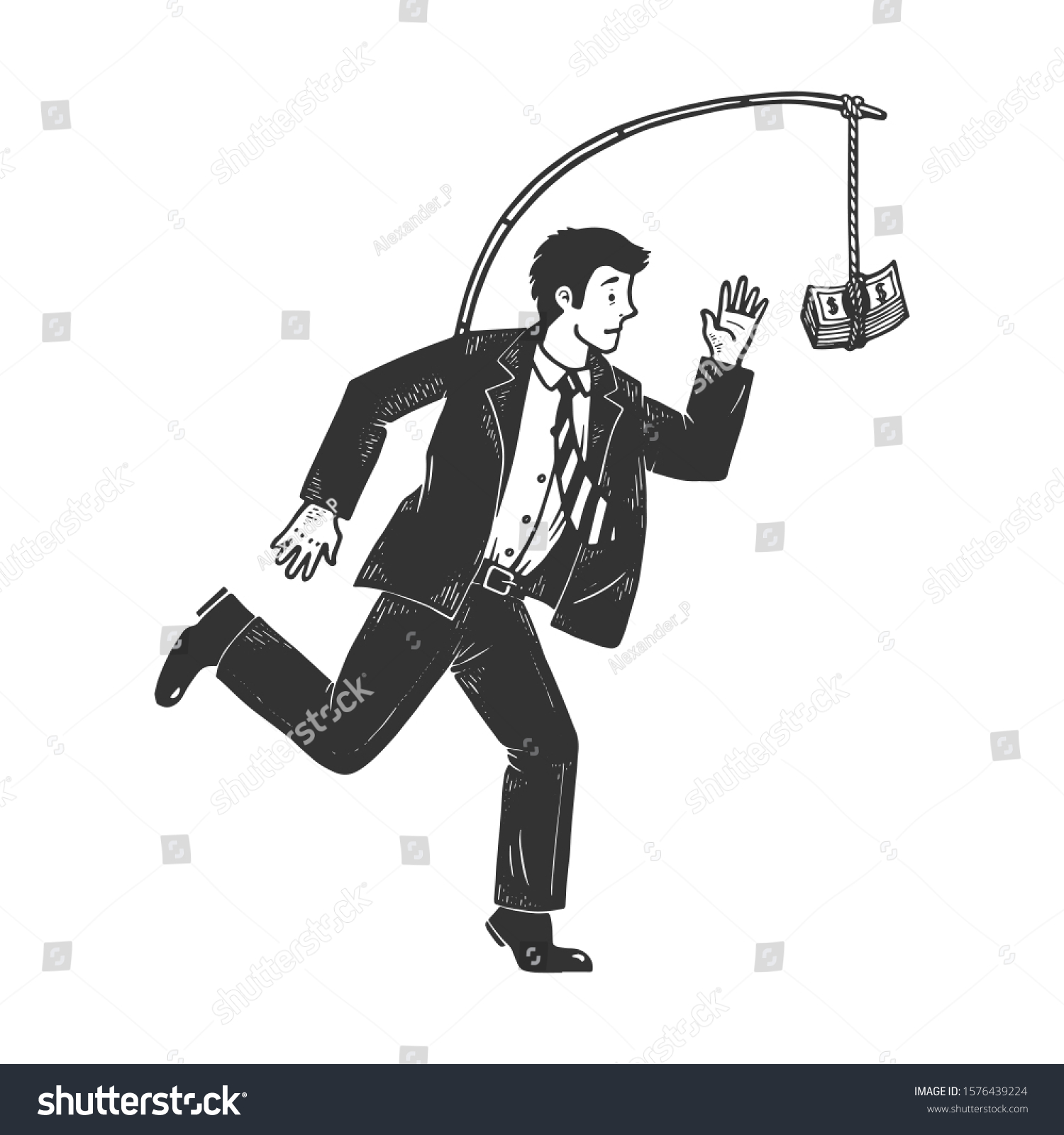 SVG of Businessman chasing money that is tied to him sketch engraving vector illustration. Metaphor of hedonic treadmill. T-shirt apparel print design. Scratch board style imitation.  svg