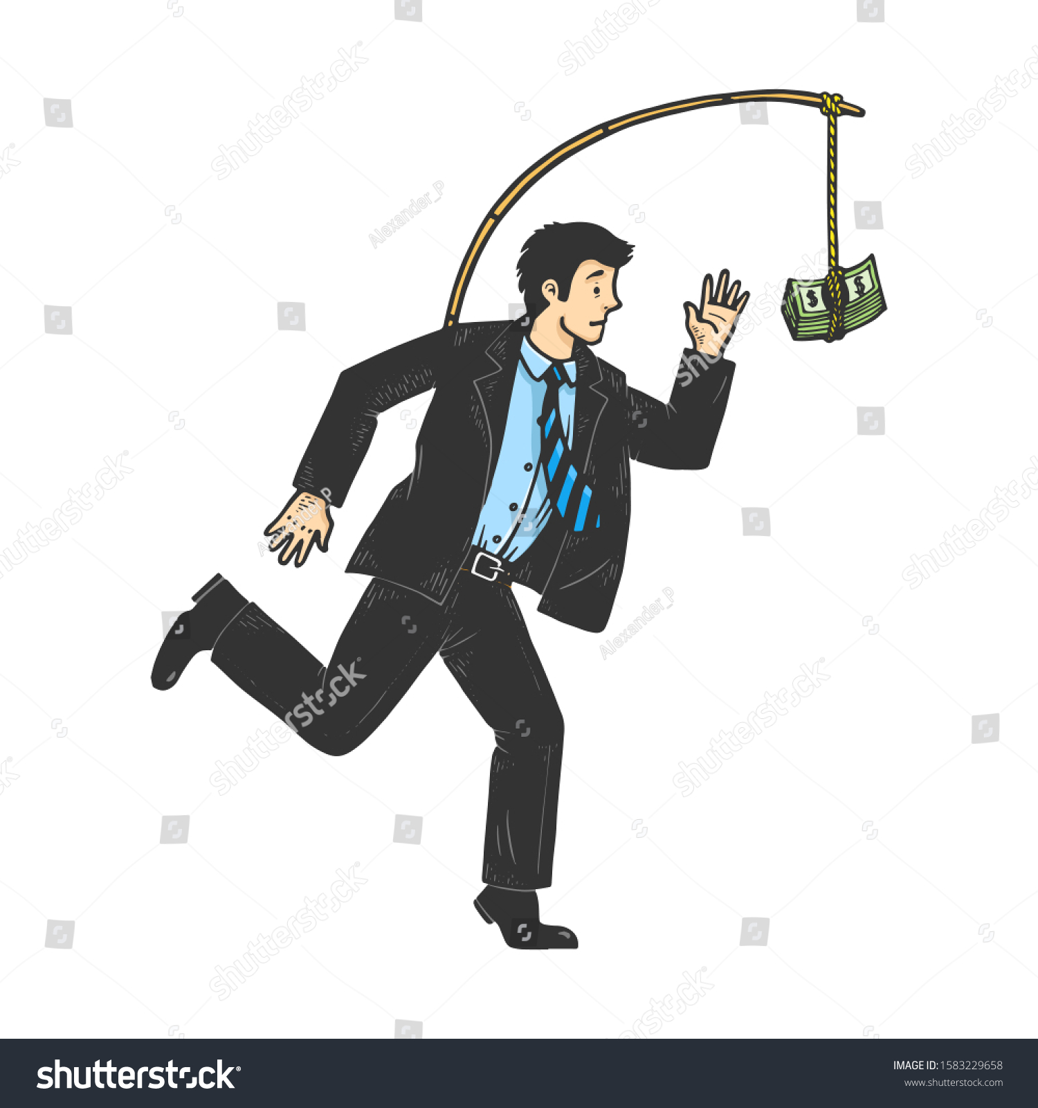 SVG of Businessman chasing money that is tied to him sketch engraving vector illustration. Metaphor of hedonic treadmill. T-shirt apparel print design. Scratch board style imitation.  svg