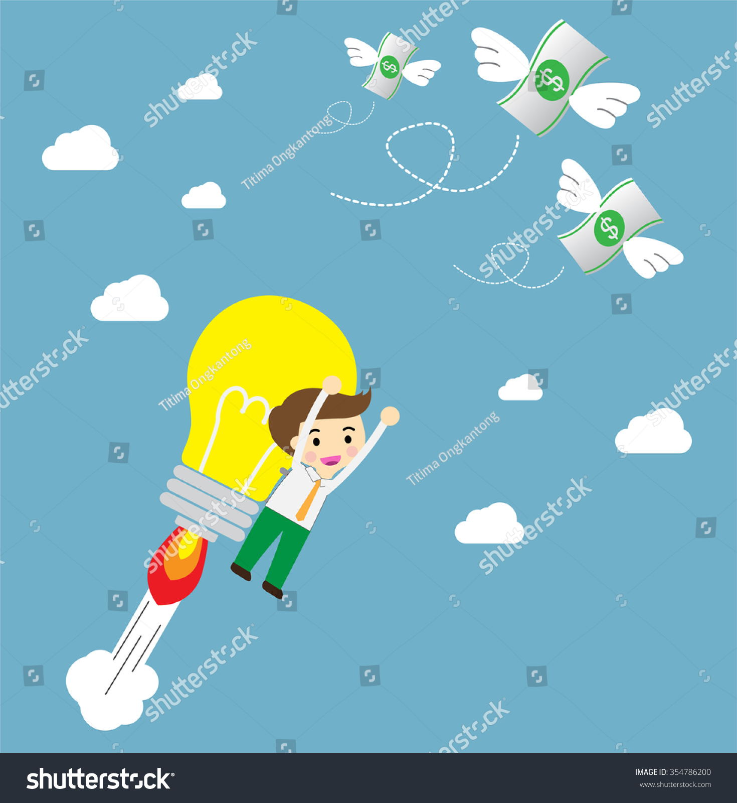 Businessman Flying Rocket Catching Money Which Stock Vector - 