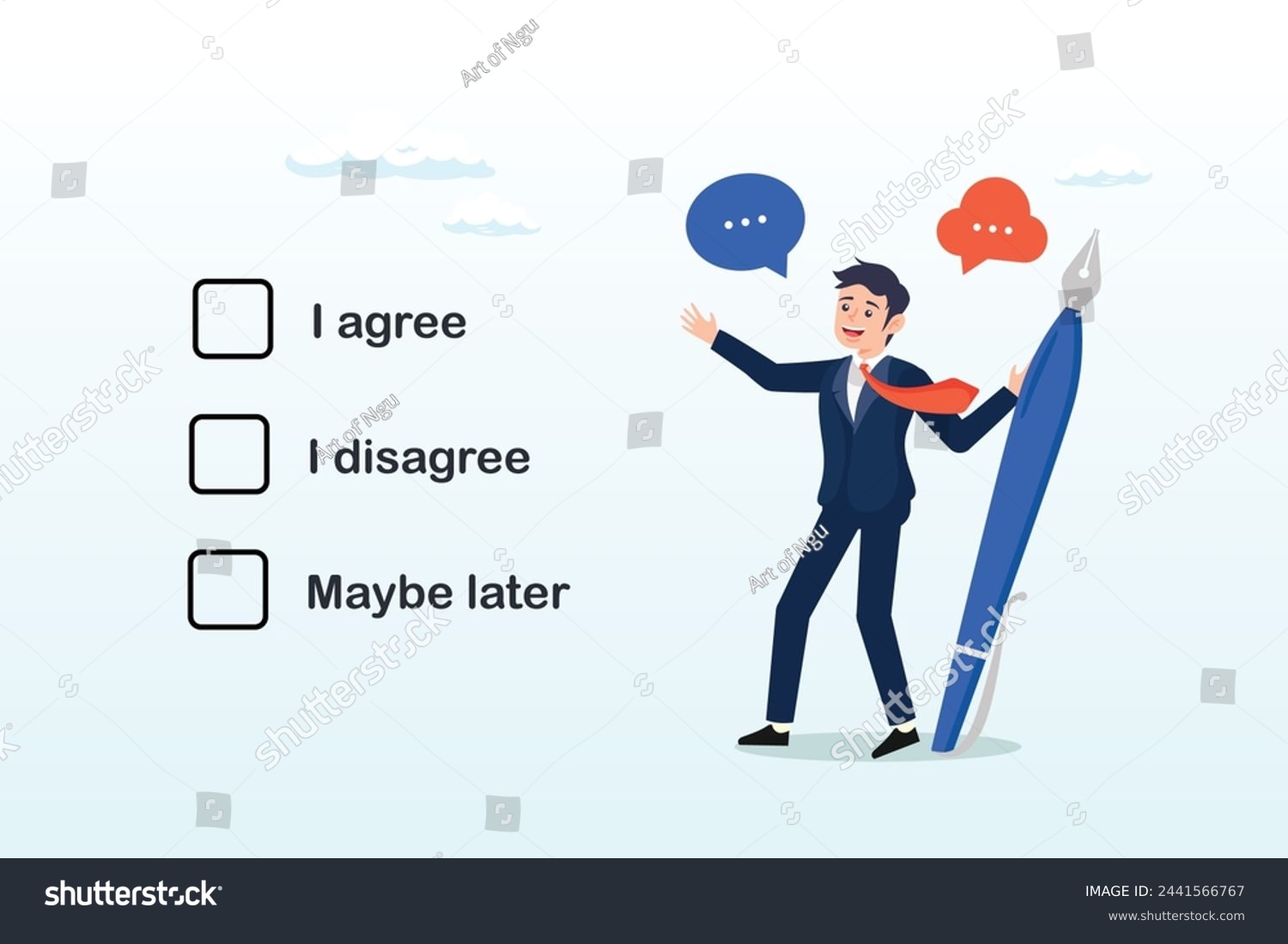 SVG of Businessman holding pencil decide to agree consent question, consent document to choose, agree or disagree, accept or approve permission, yes or no answer, decide later, business agreement (Vector) svg