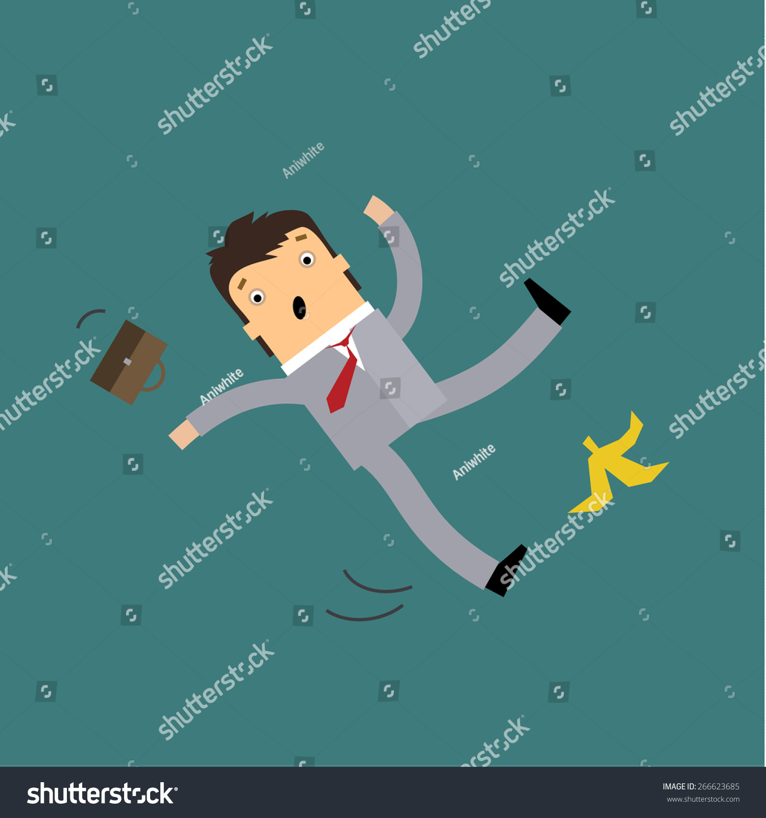 Businessman In Cartoon Style Slipping On A Banana Peel And Falling Down