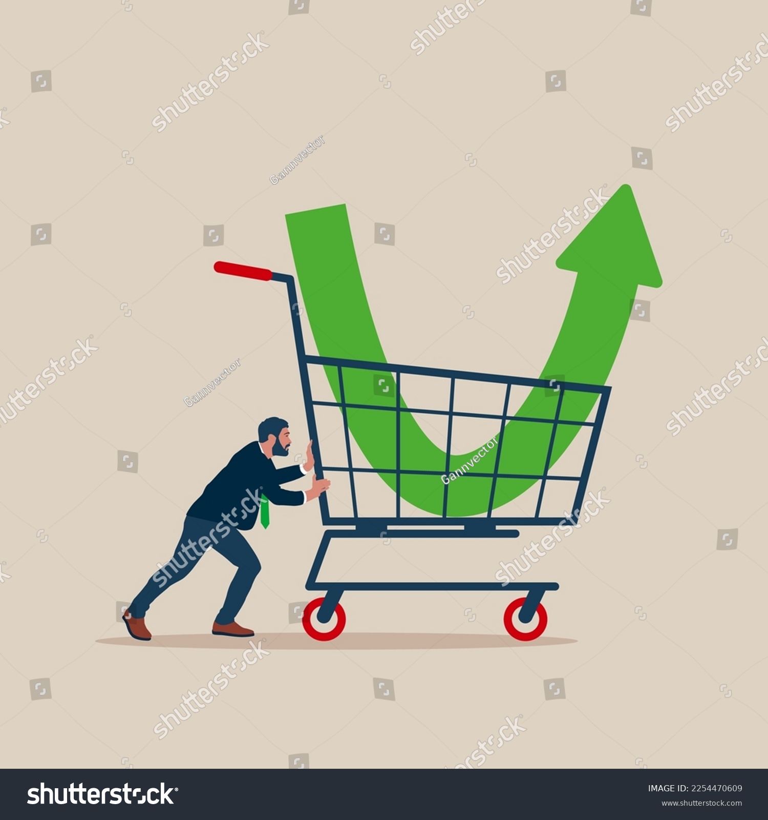 SVG of Businessman investor buy stock with down arrow graph in shopping cart. Purchase stock when price drop. Make profit from market collapse. Modern vector illustration in flat style. svg