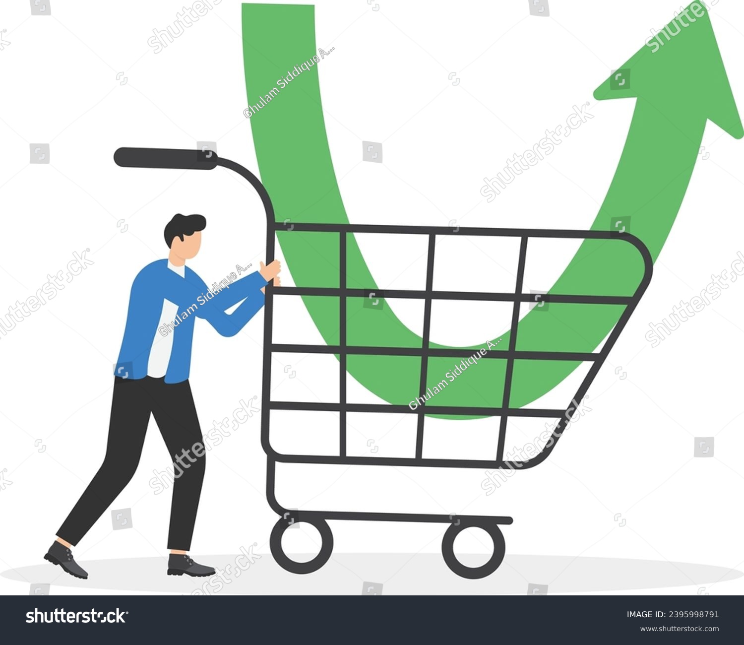 SVG of Businessman investors buy stock with a down arrow graph in a shopping cart. Purchase stock when price drops. Make profit from market collapse. Modern vector illustration in flat style.

 svg