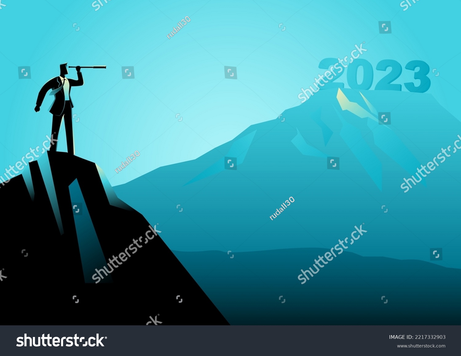 SVG of Businessman looking at the fuzziness of the year 2023 through telescope, forecast, prediction in business, vector illustration svg
