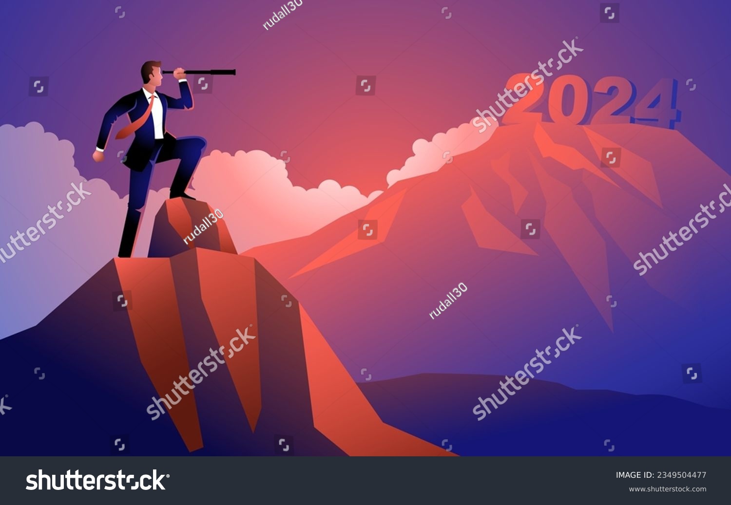 SVG of Businessman looking at the fuzziness of the year 2024 through telescope, forecast, prediction in business, vector illustration svg