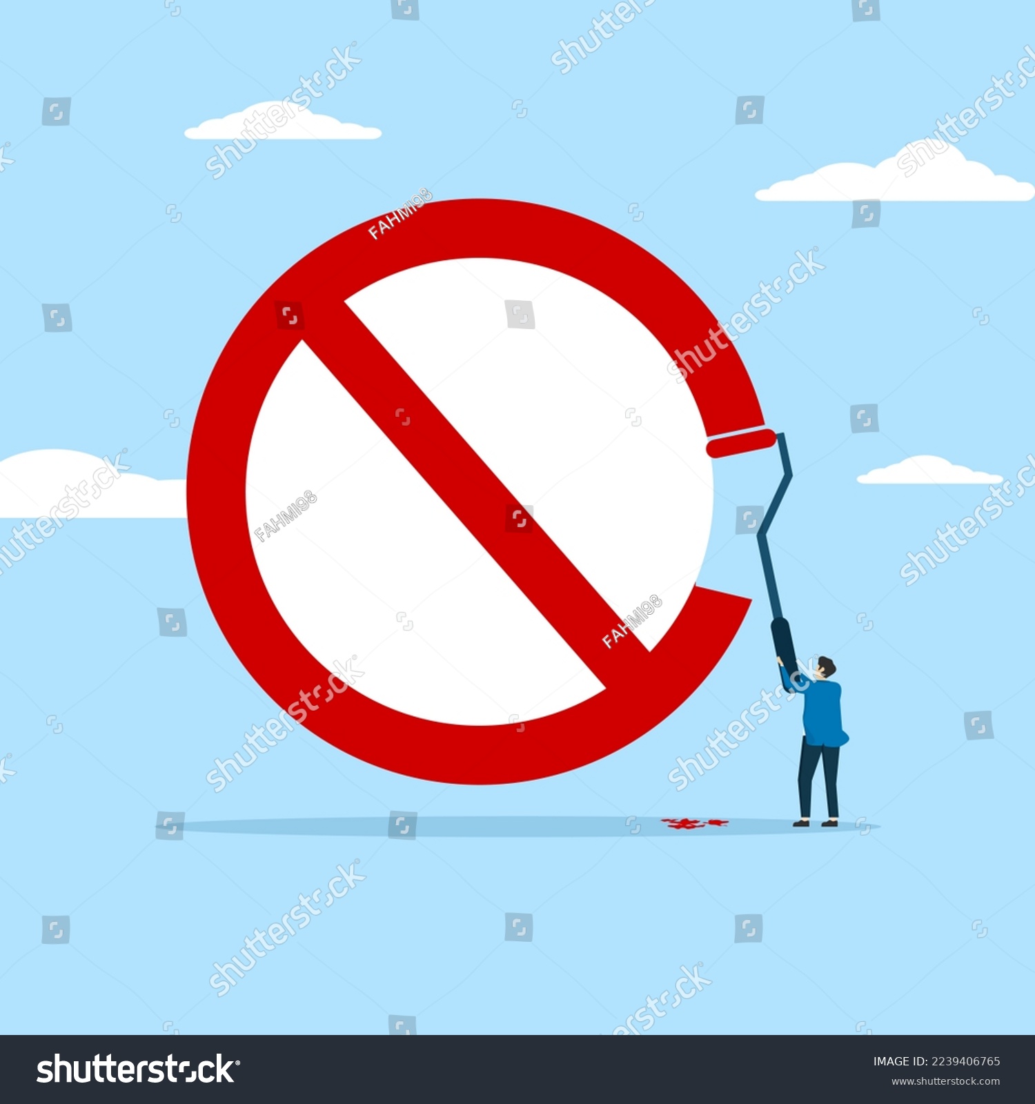 SVG of businessman painting prohibition symbol on wall. Prohibition or stop sign, forbidden, x attention and warning sign, prohibited or illegal concept, businessman climbing stairs to paint prohibition symb svg