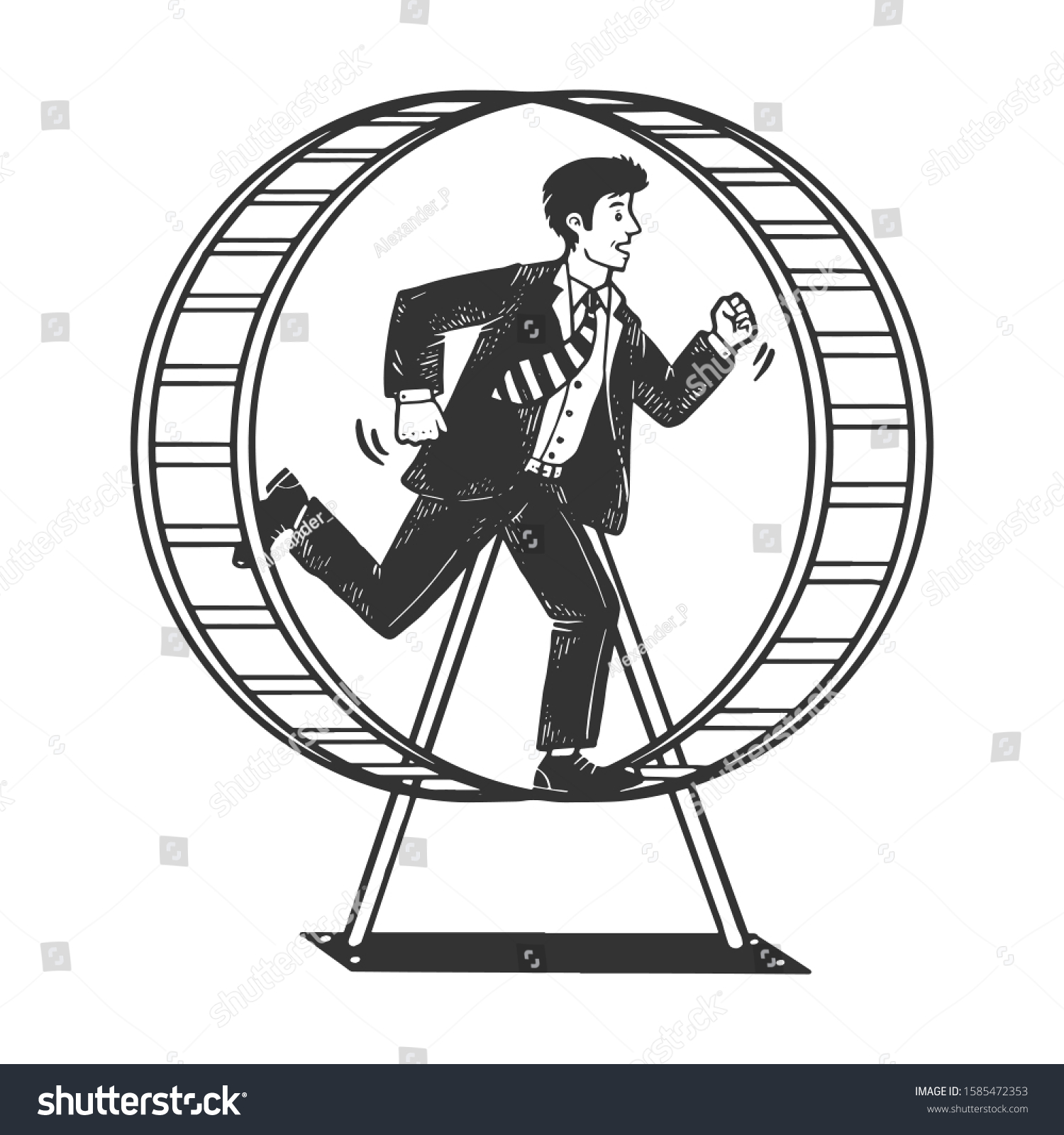 SVG of Businessman run in the hamster wheel sketch engraving vector illustration. Metaphor of useless work. T-shirt apparel print design. Scratch board style imitation. Black and white hand drawn image. svg
