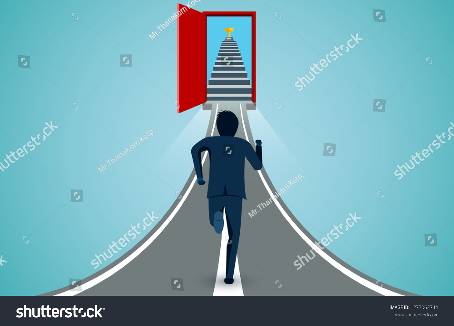 Businessmen Running On Arrow Red Door Stock Vector Royalty