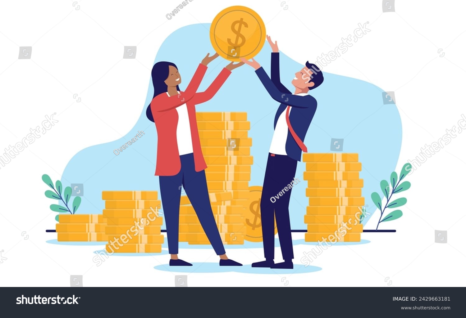 SVG of Businesspeople with money - Two people with business income and profits lifting dollar coin celebrating financial success and profitable company. Economy and finances concept in flat design vector svg