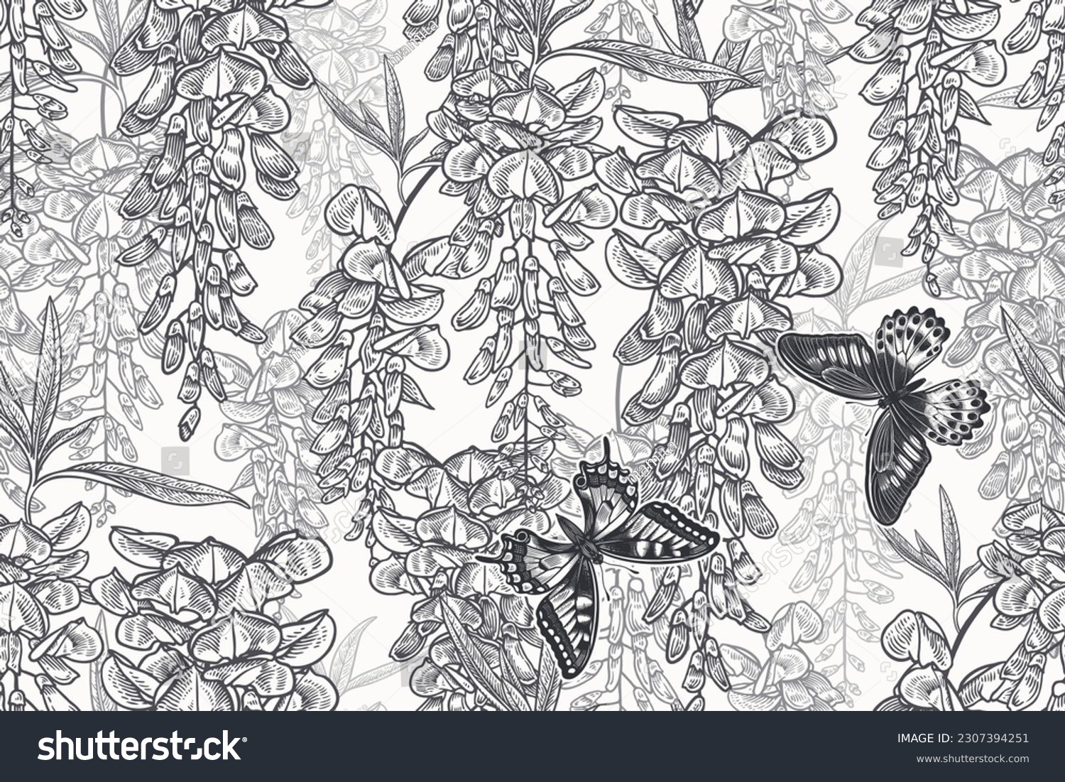 SVG of Butterflies and branches of tree. Wisteria liana. Floral seamless pattern. Garden flowers and leaves. Black and white. Vector illustration. Vintage decor. svg