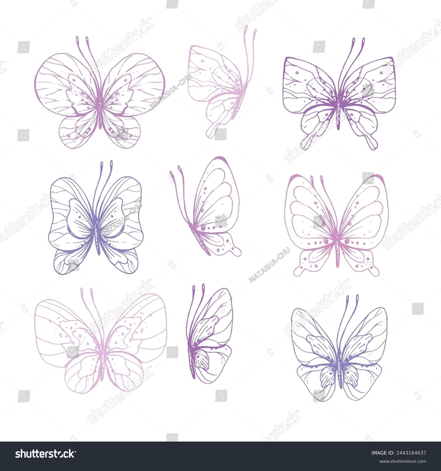SVG of Butterflies are pink, blue, lilac, flying, delicate line art, clip art. Graphic illustration hand drawn in pink, lilac ink. Set of isolated objects EPS vector. svg