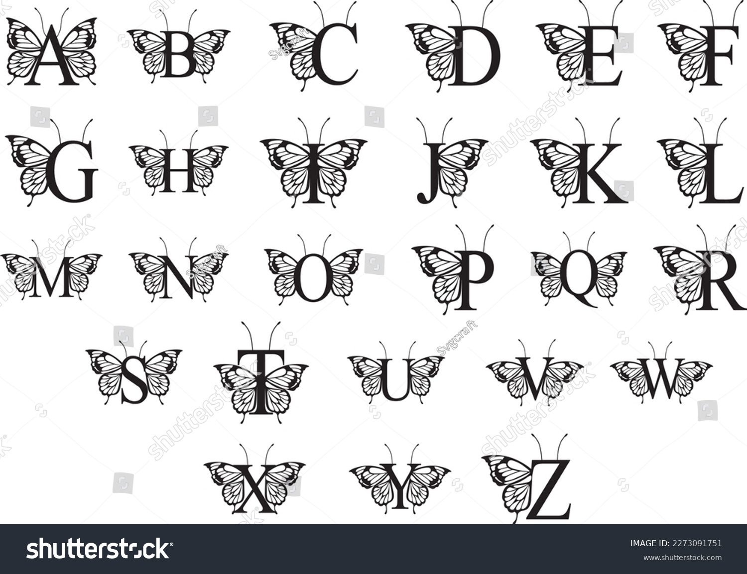 SVG of Butterfly Monogram Alphabet Svg, Png, Flower Monogram Frame Alphabet, Cut File for Cricut, 26 Individual Cut File, Cut File for Cricut svg