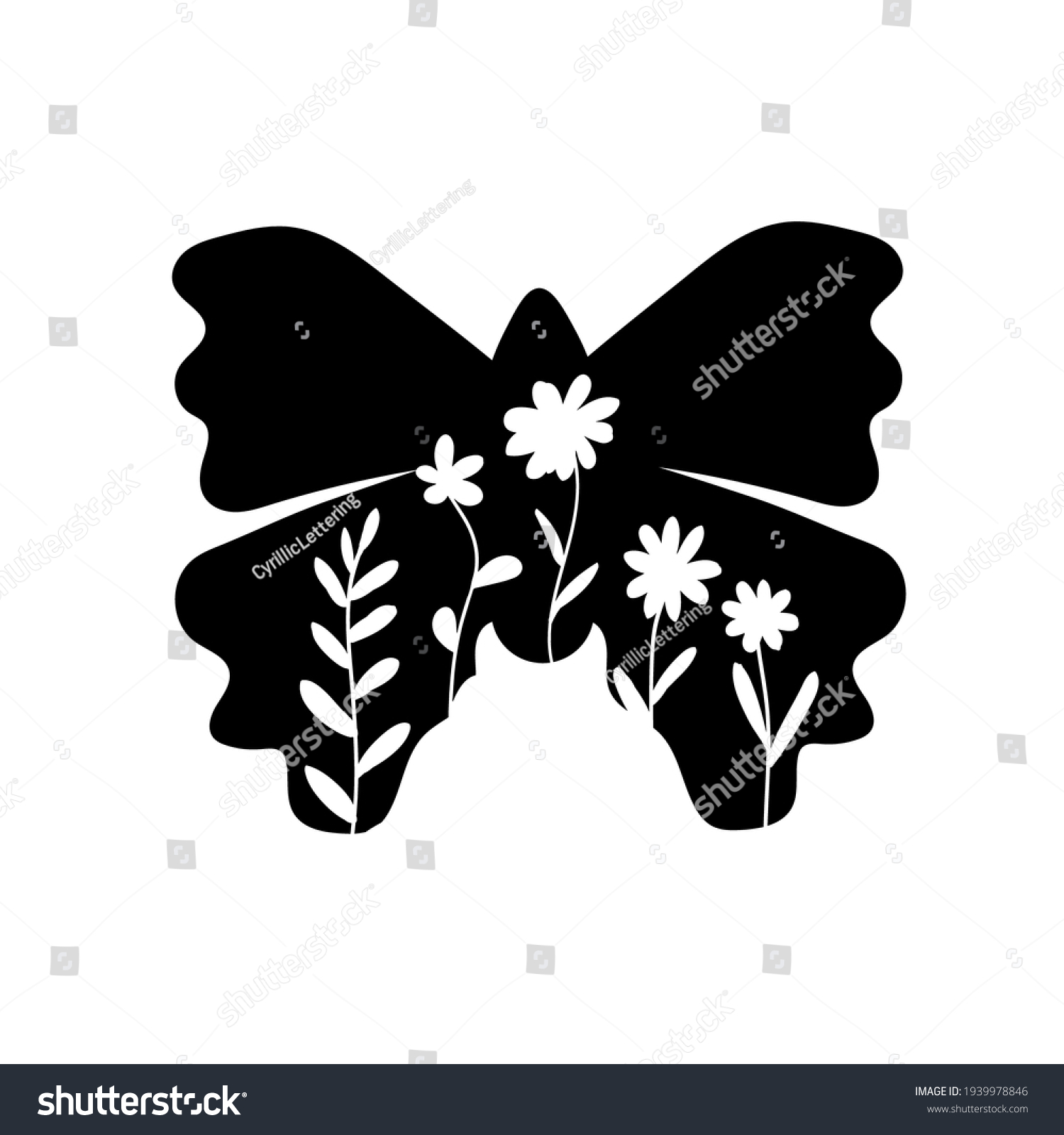 SVG of Butterfly with wild flowers bruttercup. Black and white silhouette bohemian vector illustration for shirt design. Boho clipart. svg