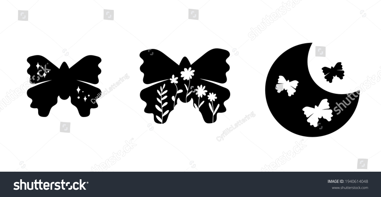 SVG of Butterfly with wild flowers bruttercup. Floral moon. Celestial boho wildflowers. Magic wild flowers. Silhouette bohemian vector illustration for shirt design. Boho clipart. svg