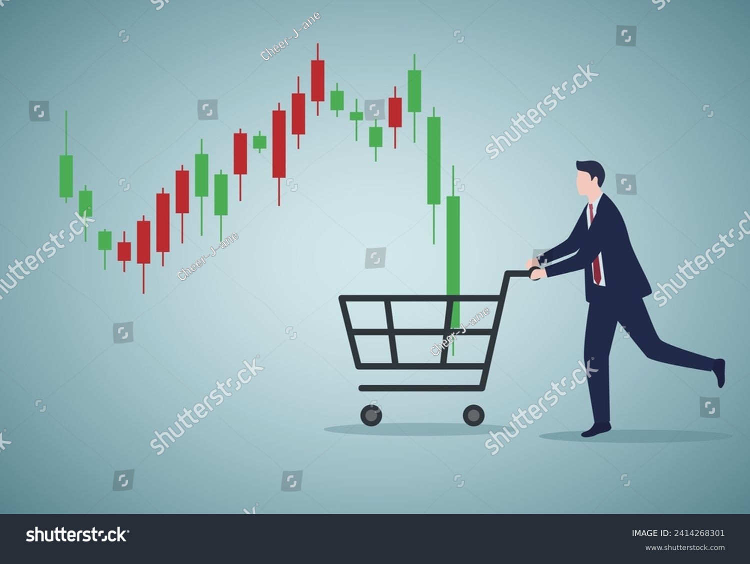 SVG of Buy on the dip, purchase stock when price drop, trader signal to invest, make profit from market collapse concept, smart businessman investor buy stock with down candlestick in shopping cart. svg