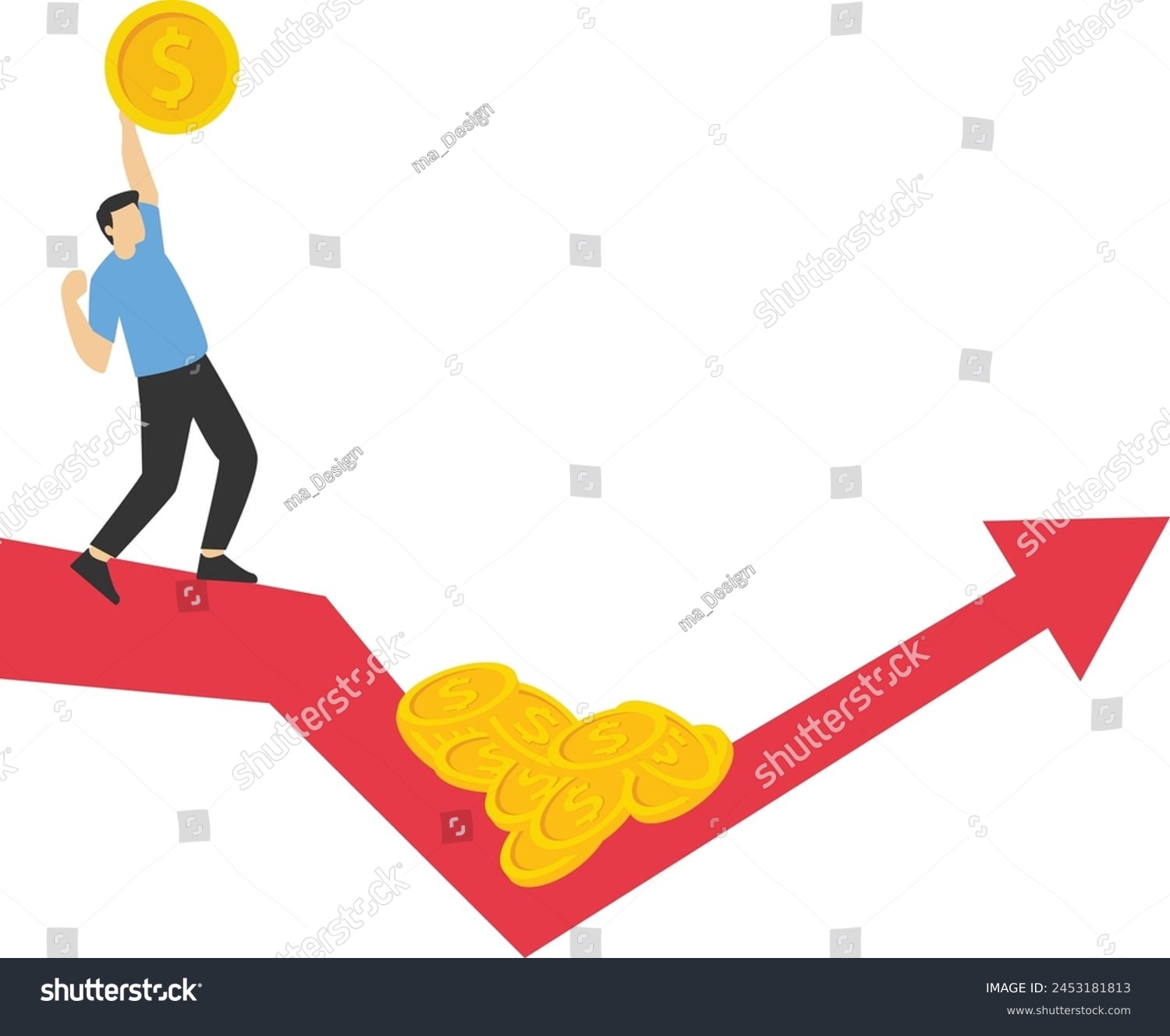 SVG of Buy on the dip, purchase stock when price drop, trader signal to invest, make profit from market collapse concept, smart businessman investor buy stock with down arrow graph.

 svg