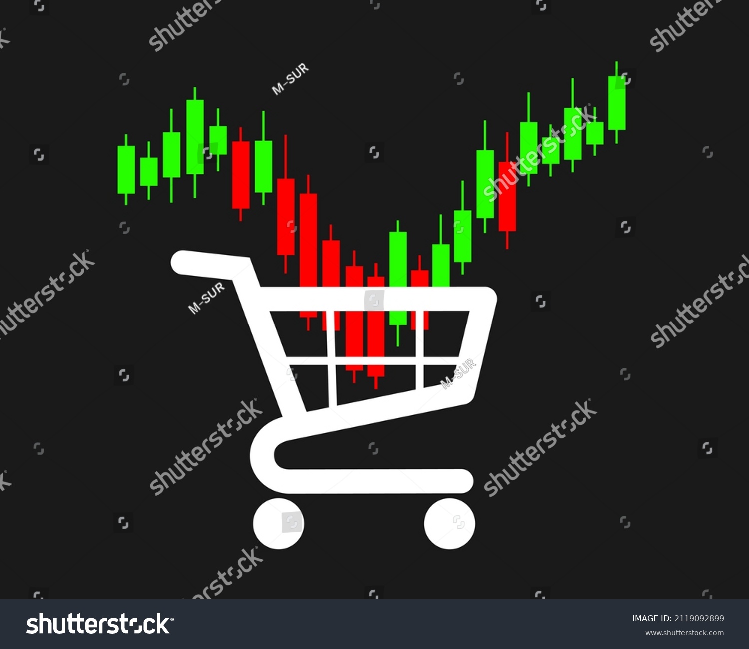 SVG of Buy the dip - investing and trading on stock market. Fluctuation of price and value. Shopping cart and candlestick chart. Vector illustration isolated on black.  svg