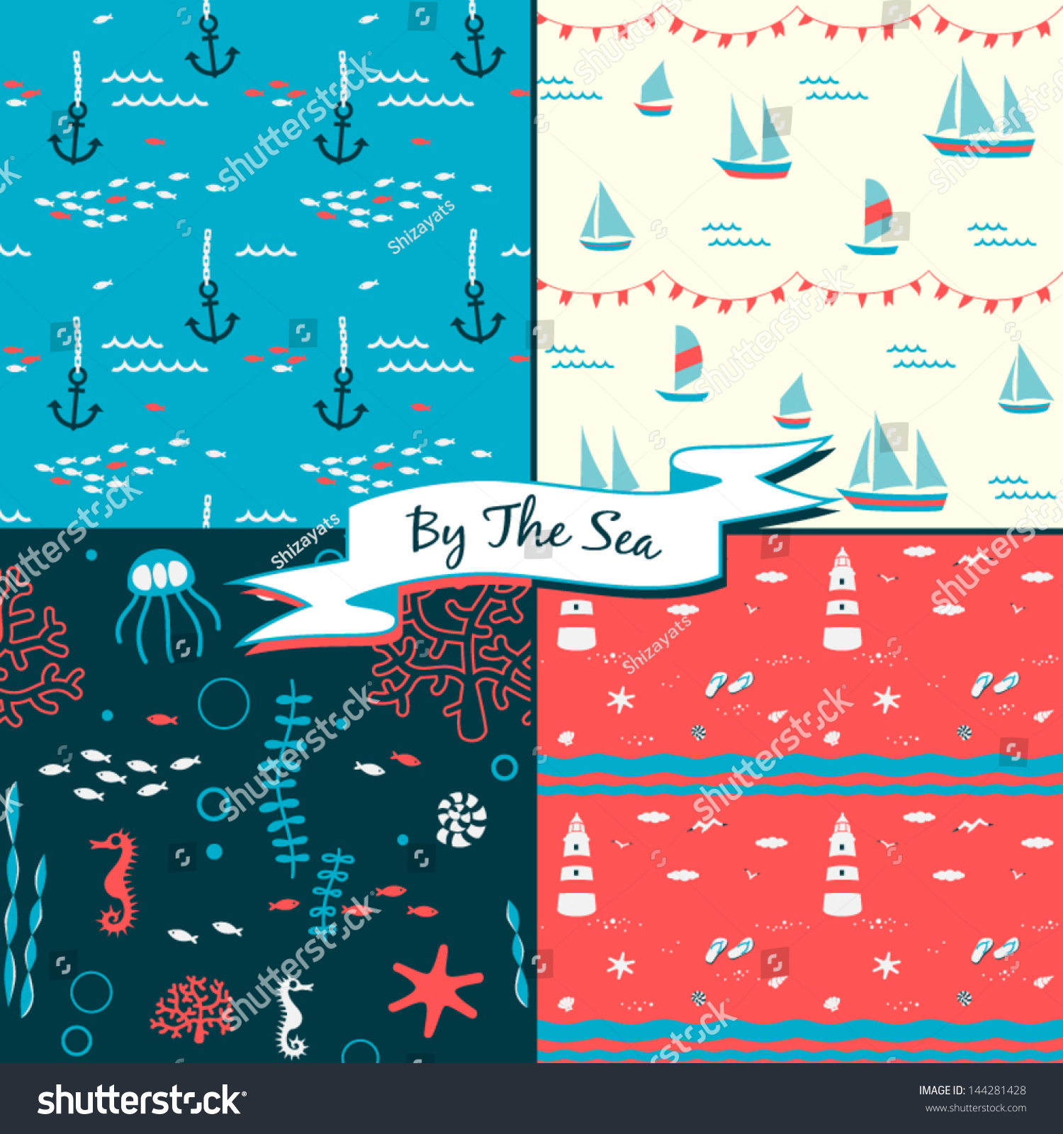 SVG of By The Sea. Set of four sea vacation themed vector seamless patterns. svg