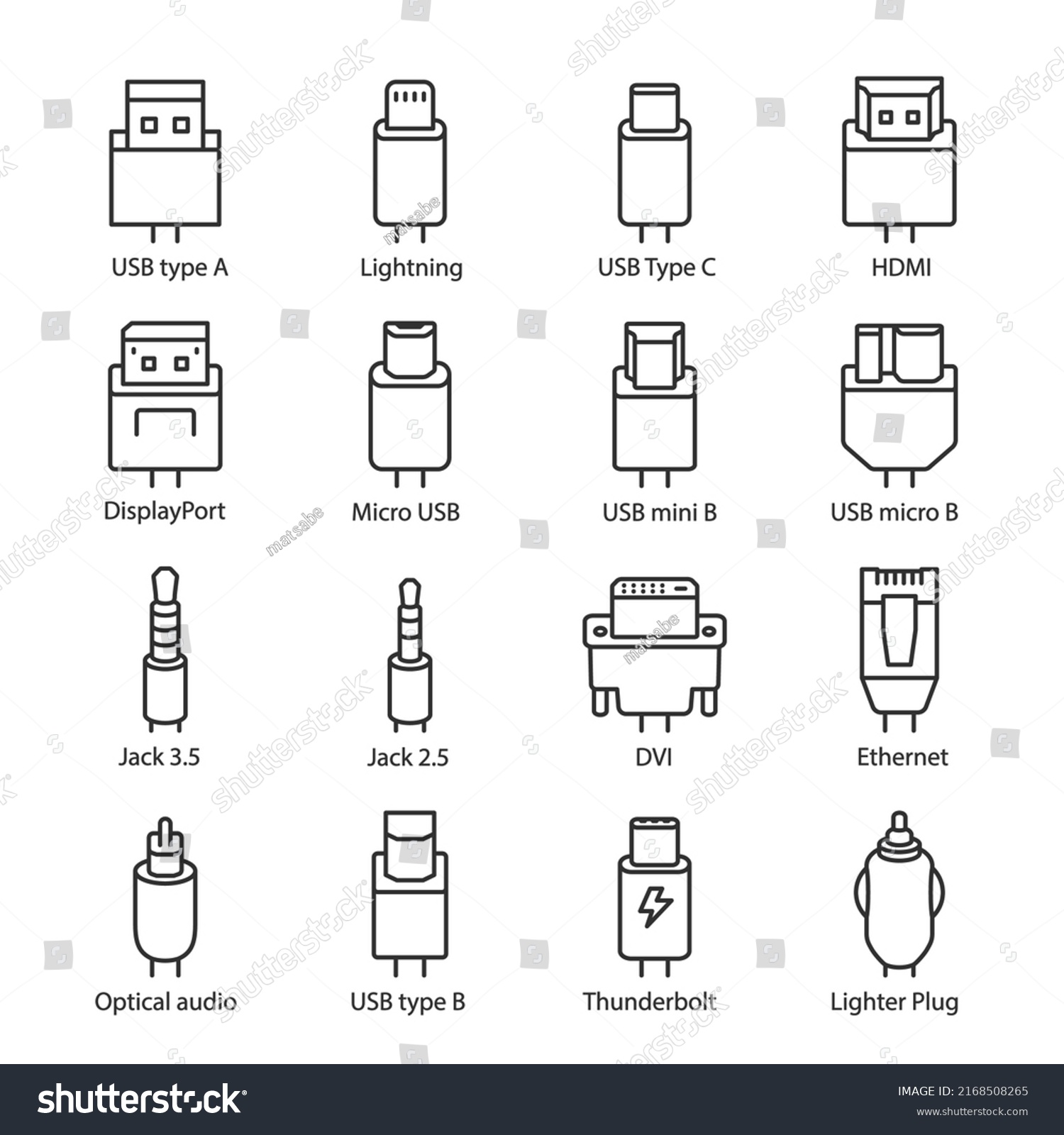 Cable Connectors Icons Set Different Types Stock Vector (Royalty Free ...