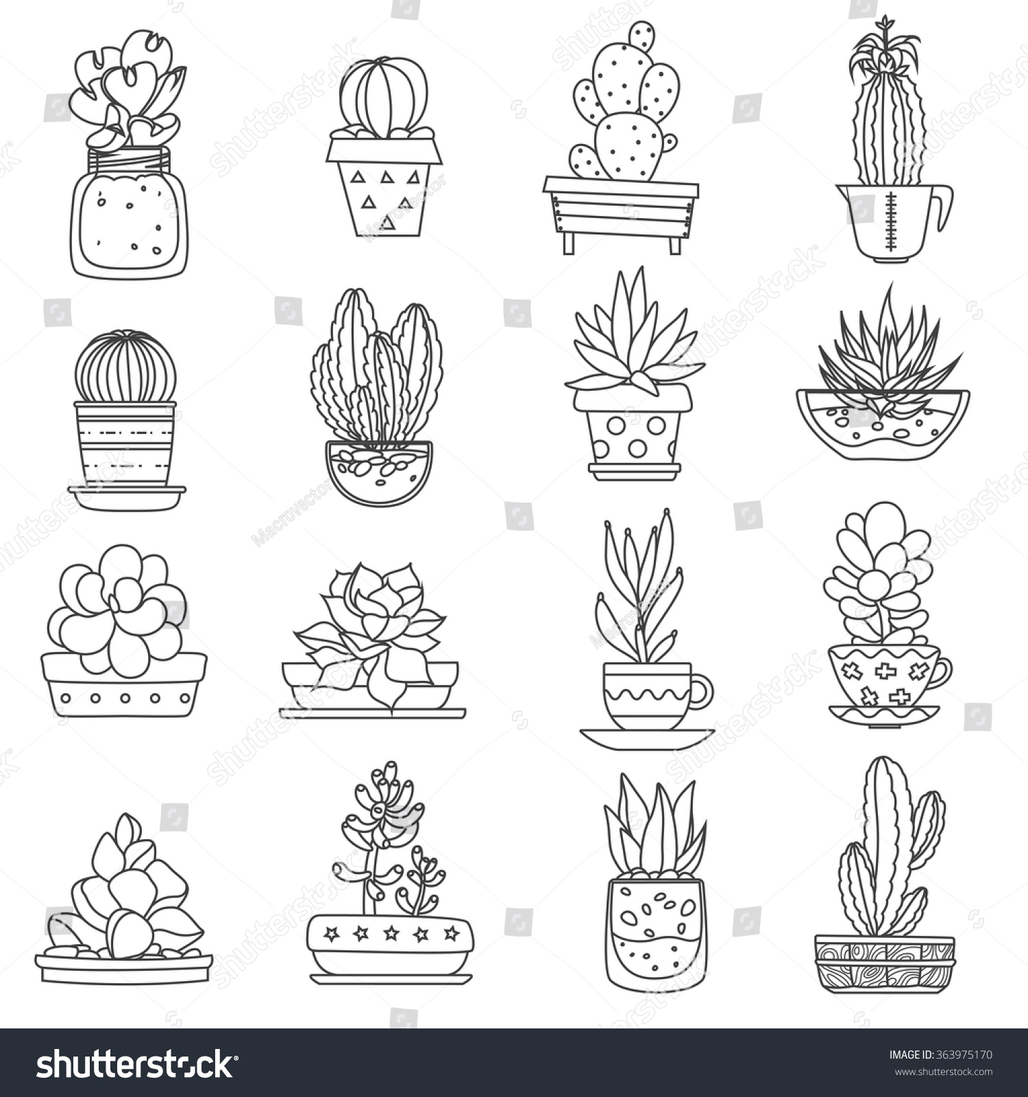 Cactus Line Black White Icons Set With Different Types Of Succulents ...