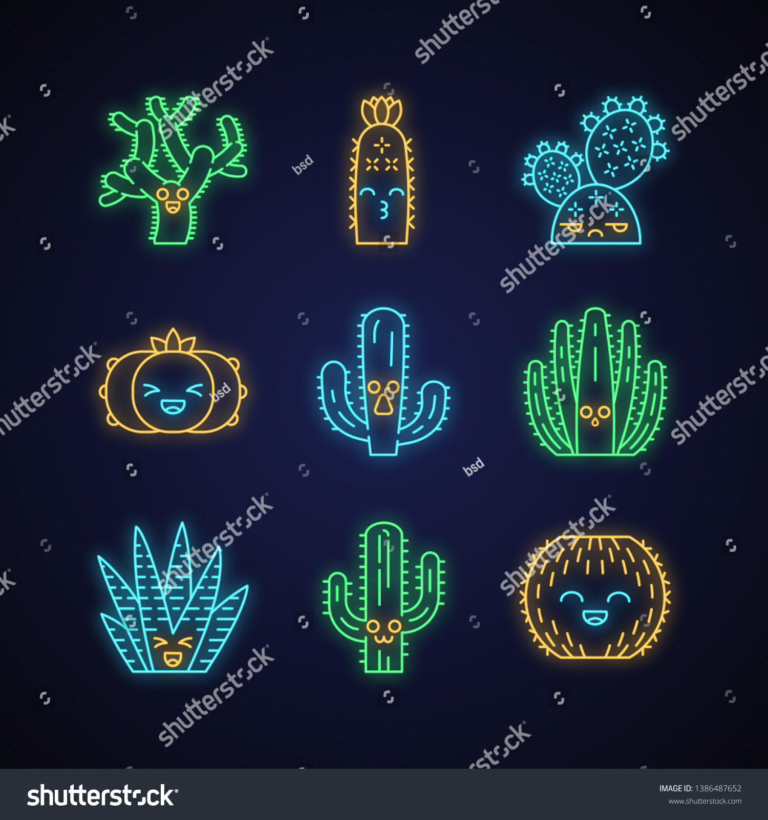 Cactuses Cute Kawaii Neon Light Characters Stock Vector Royalty Free 1386487652 Shutterstock 0038