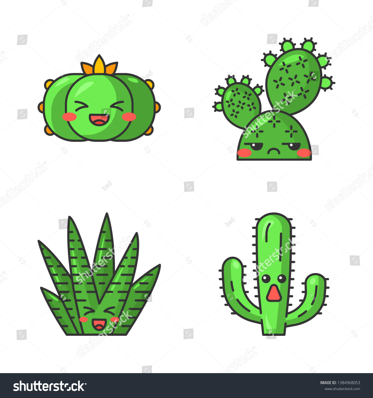 SVG of Cactuses cute kawaii vector characters. Plants with smiling faces. Laughing peyote and zebra cactuses. Unamused prickly pear wild cacti. Funny emoji, emoticon set. Isolated cartoon color illustration svg