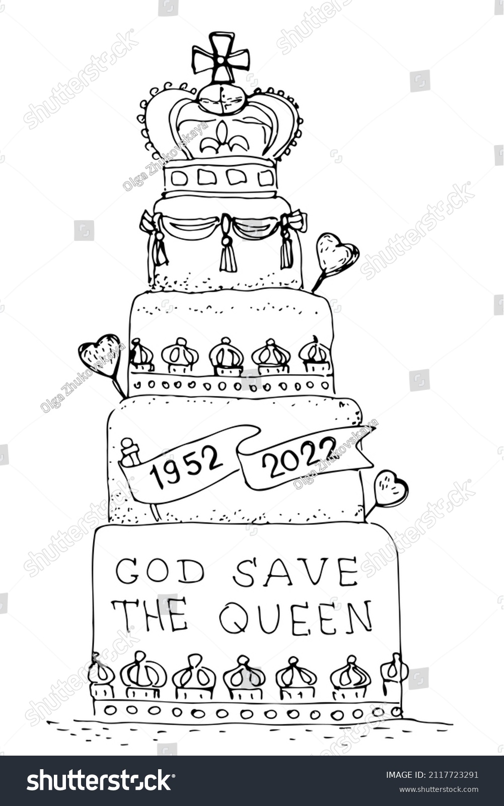 SVG of Cake to Queen jubilee. 'God save the Queen' slogan on cake. British Holiday party cake. Hand drawn vector illustration. svg