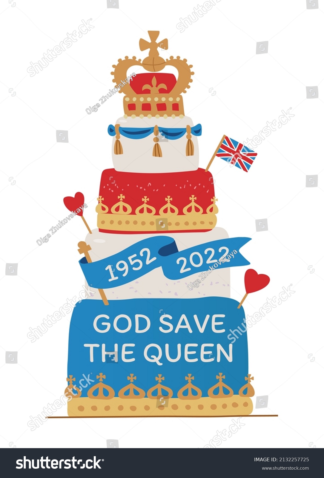 SVG of Cake to Queen jubilee. 'God save the Queen' slogan on cake. British Holiday party cake. Hand drawn color vector illustration. svg