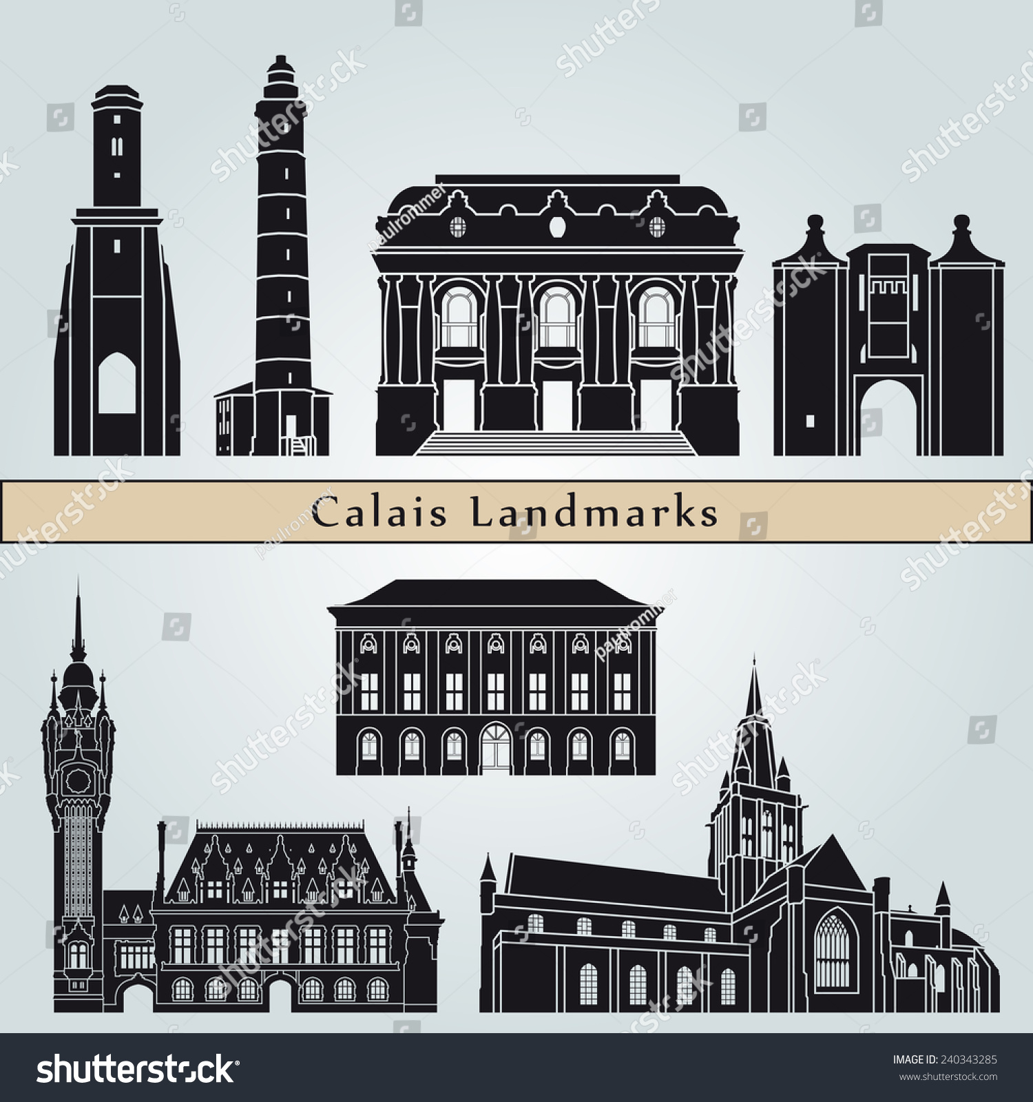 SVG of Calais landmarks and monuments isolated on blue background in editable vector file svg