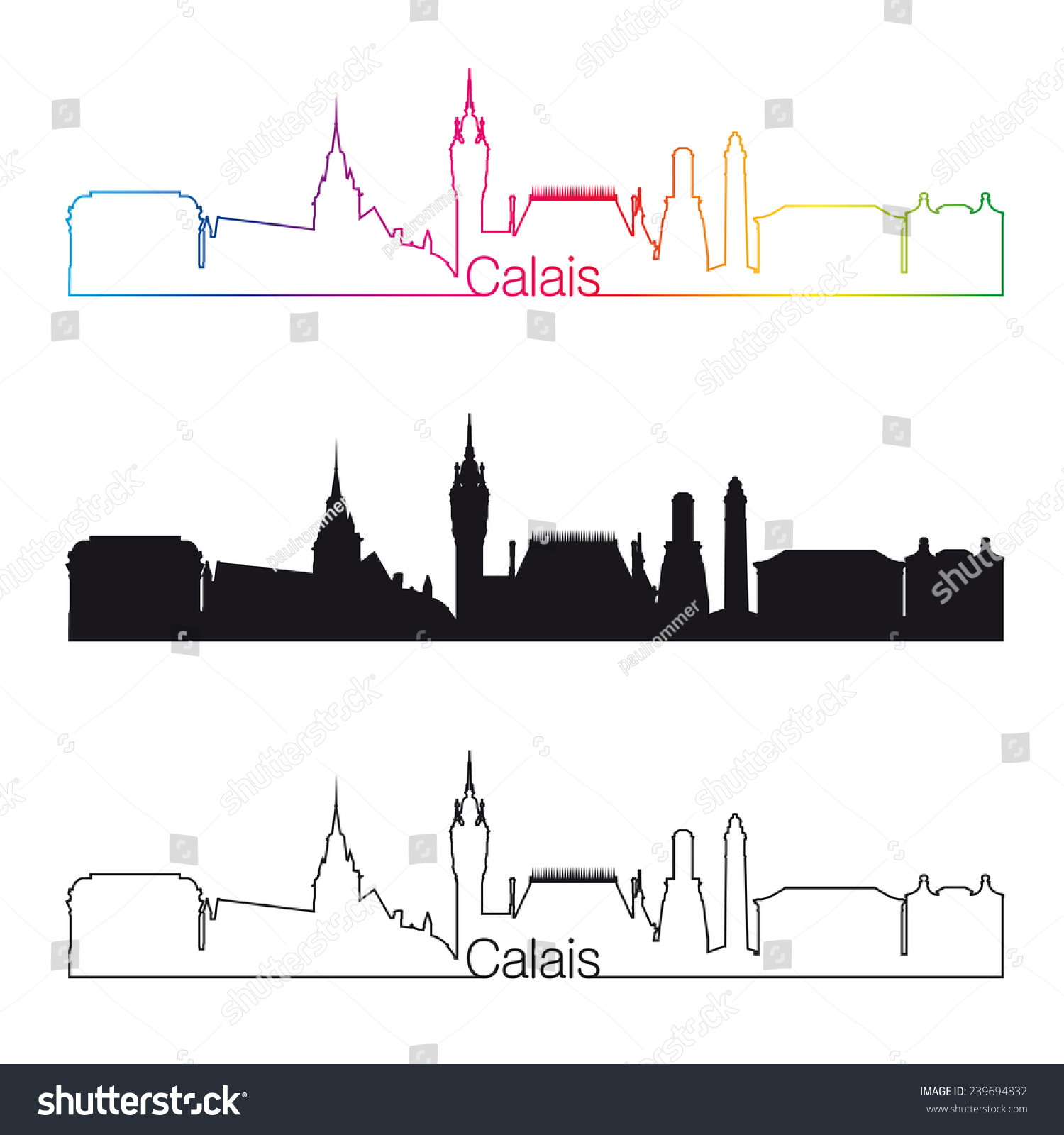 SVG of Calais skyline linear style with rainbow in editable vector file svg