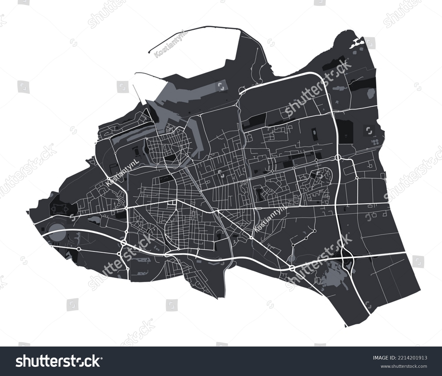 SVG of Calais vector map. Detailed vector map of Calais city administrative area. Cityscape poster metropolitan aria view. Black land with white roads and avenues. White background. svg