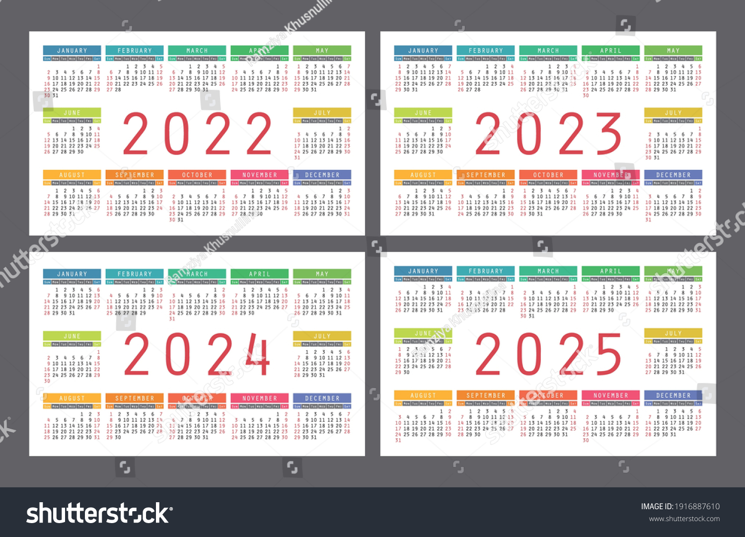 Calendar 2022 2023 2024 2025 Years: เวกเตอร์สต็อก (ปลอดค่าลิขสิทธิ์