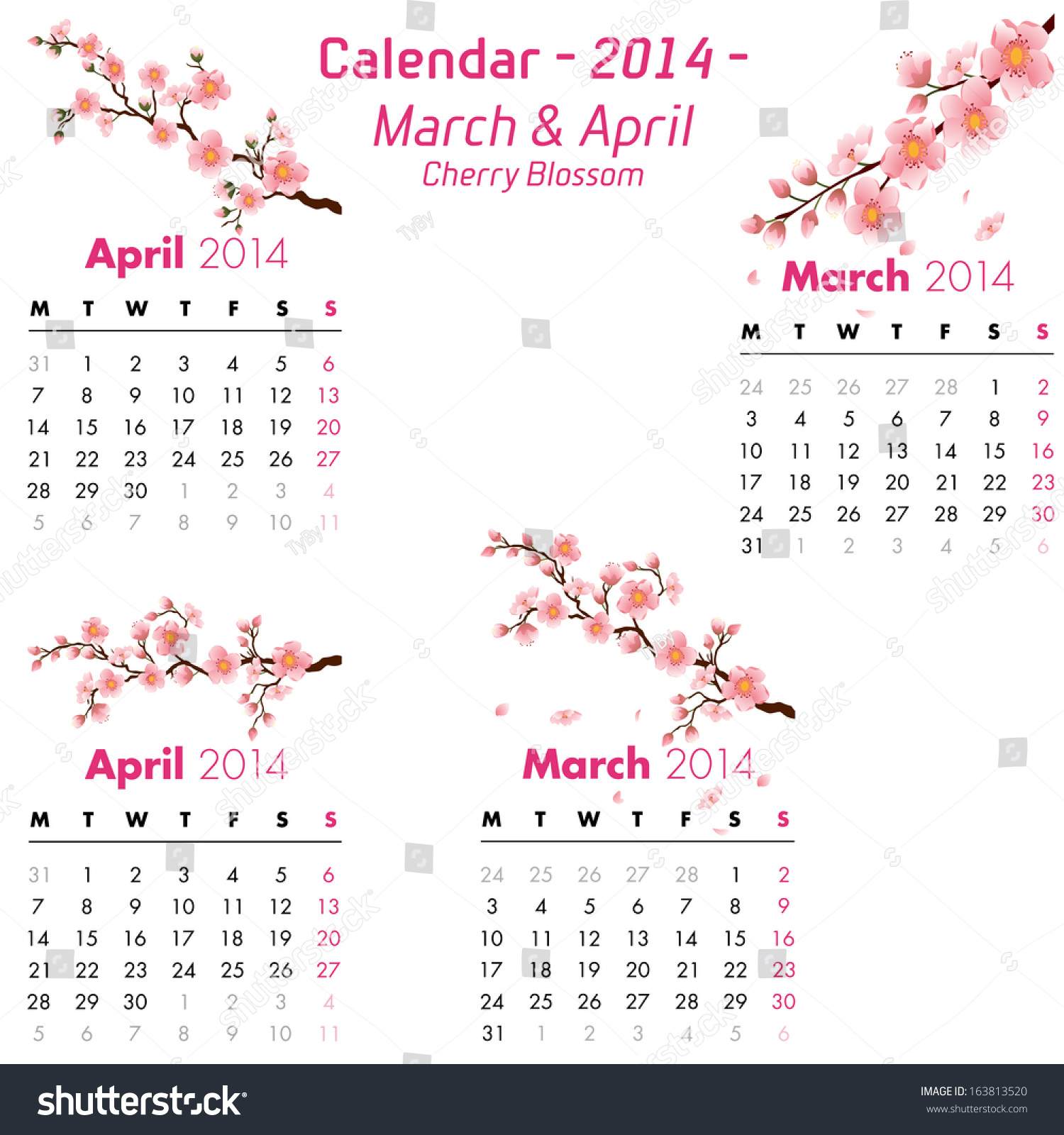 Calendar 14 Cherry Blossom March April Stock Vector Royalty Free