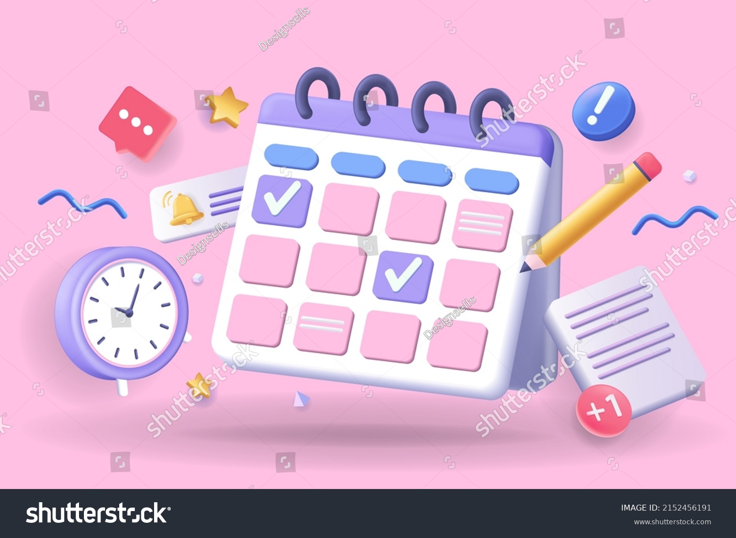 SVG of Calendar concept 3D illustration. Icon composition with calendar with scheduled dates and appointments, clock, to-do list with tasks, reminders and messages. Vector illustration for modern web design svg